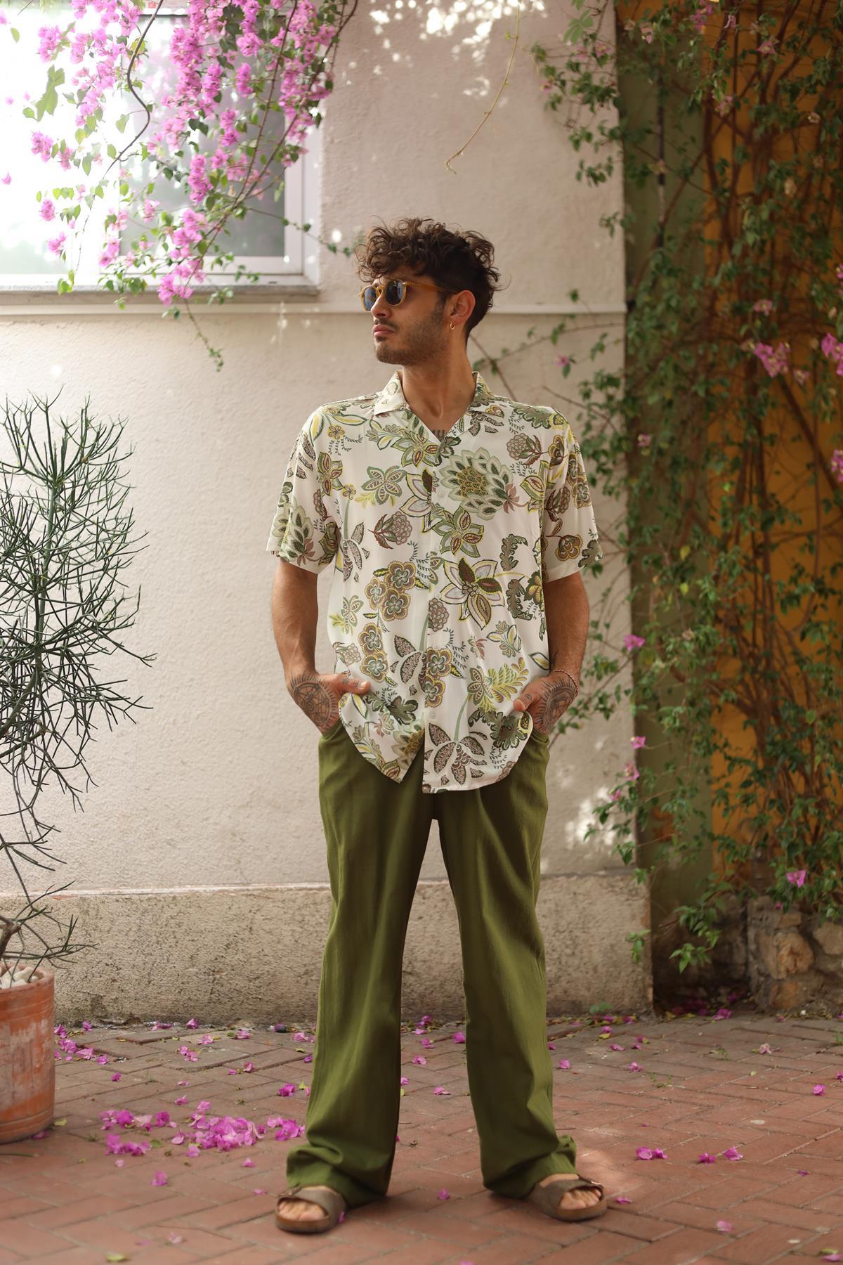 White Patterned Short Sleeve Men's Shirt