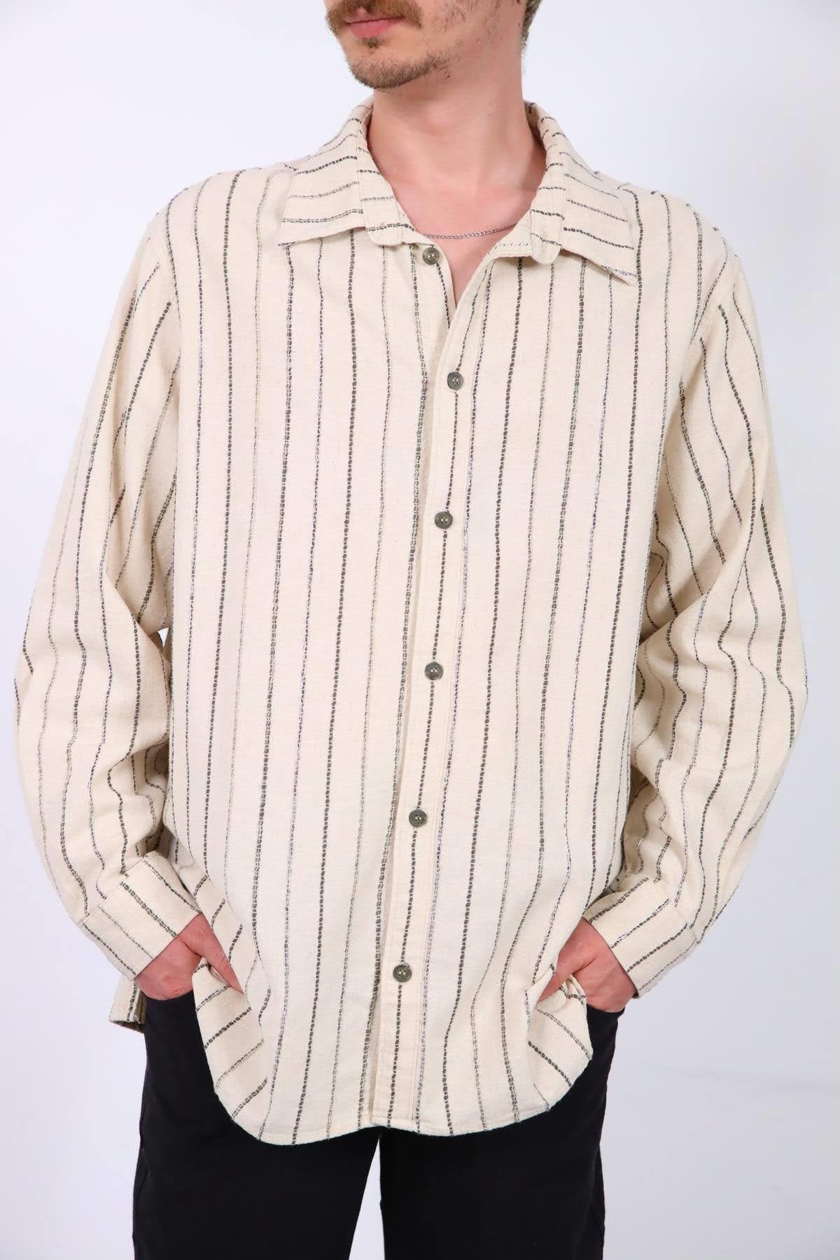 Cream-Colored Striped Men's Shirt