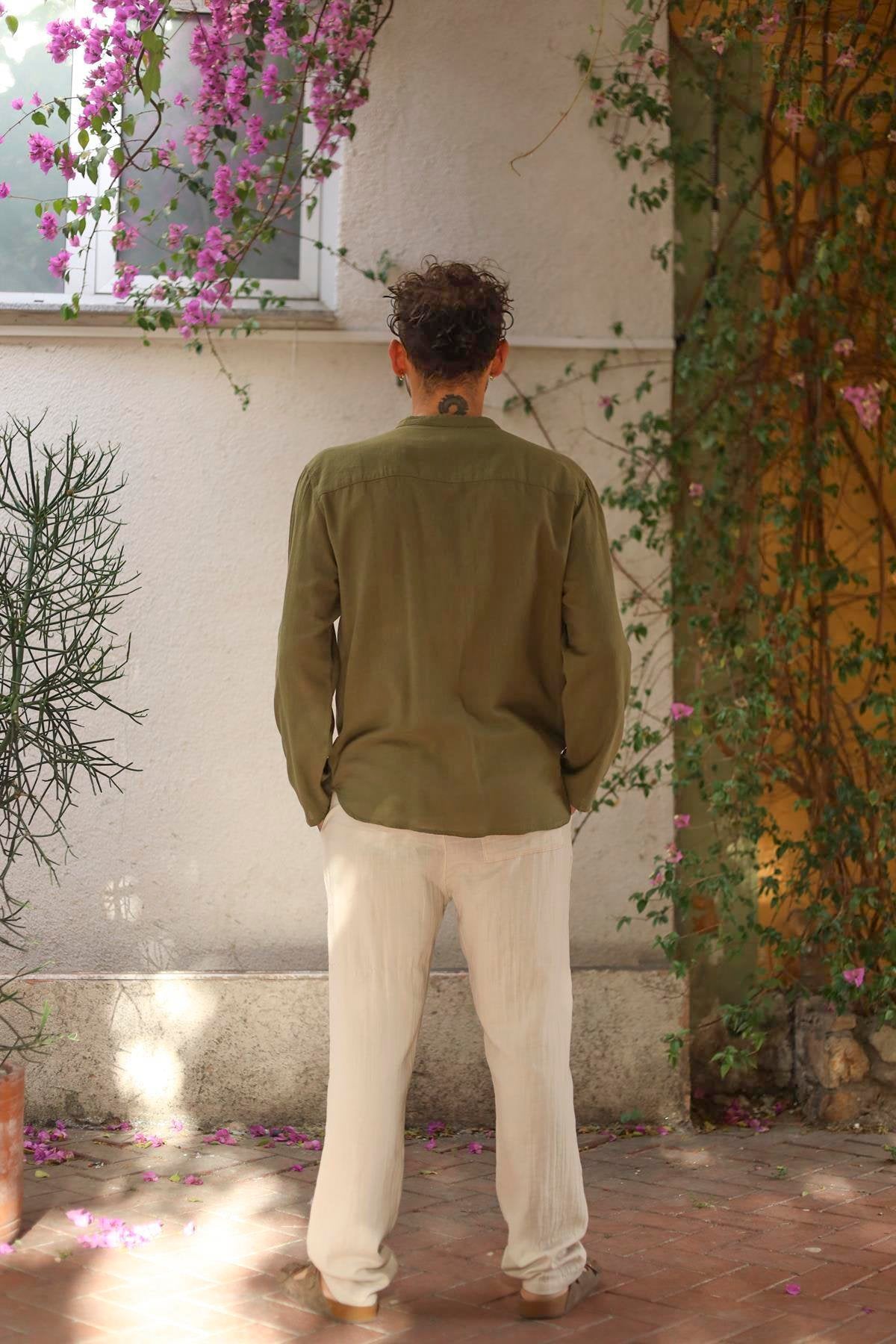 Khaki Judge Collar Button Detailed Men's Shirt