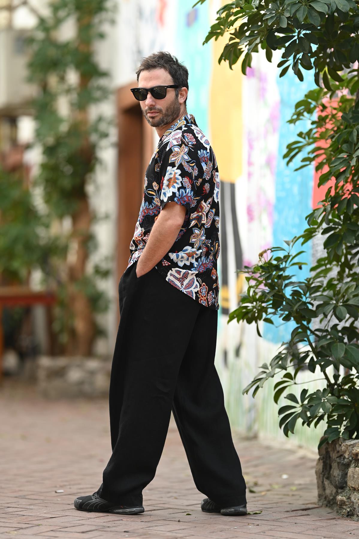 Black Patterned Short Sleeve Men's Shirt