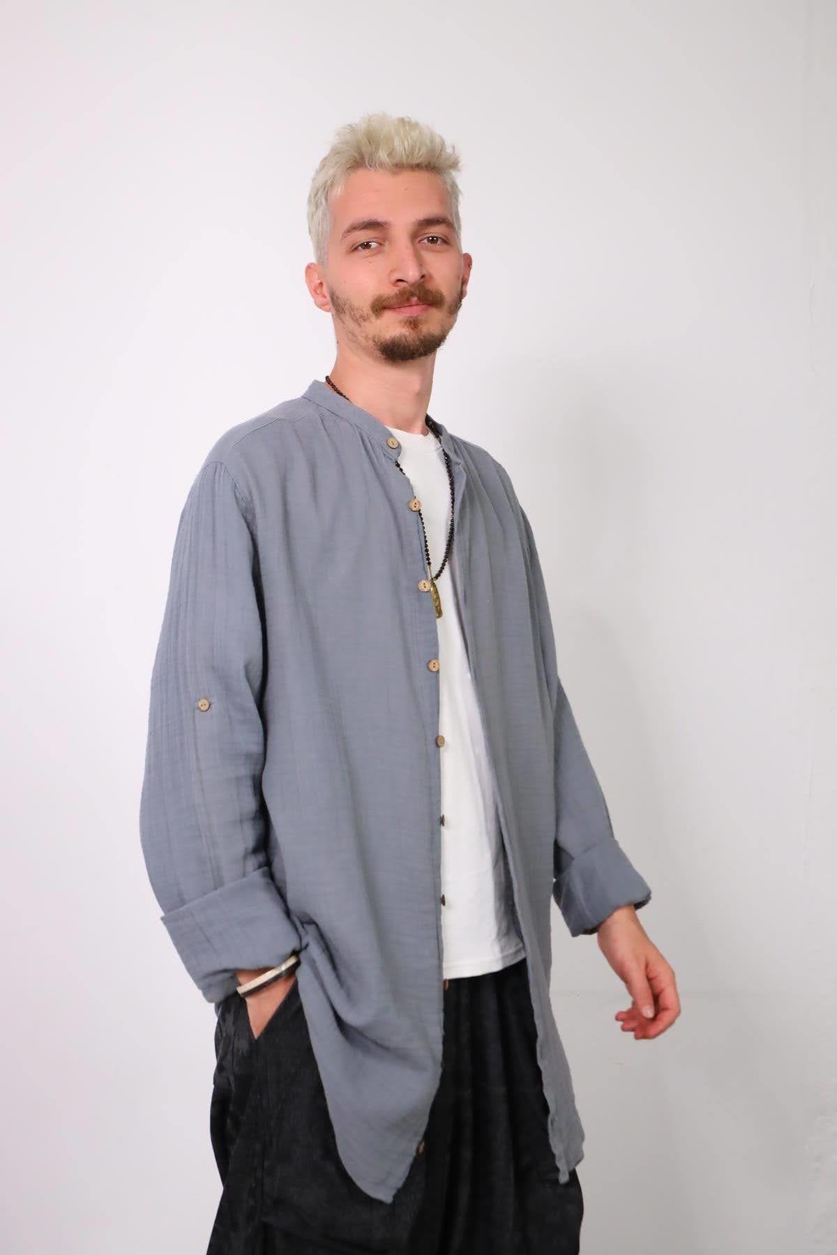 Anthracite Mandarin Collar Muslin Men's Shirt