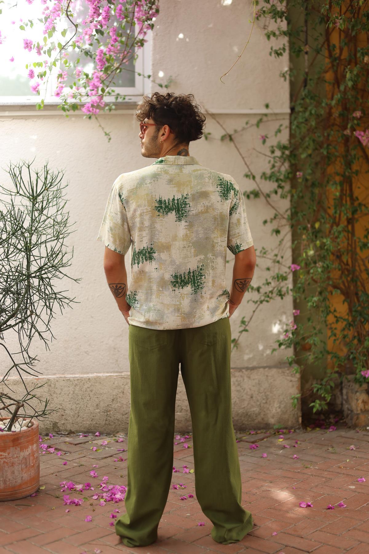 Green Patterned Short Sleeve Men's Shirt