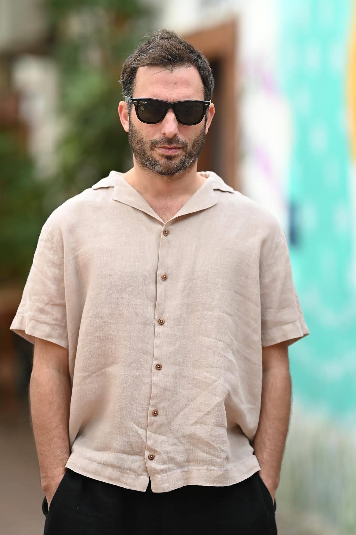 Beige Blazer Collar Short Sleeve Linen Men's Shirt