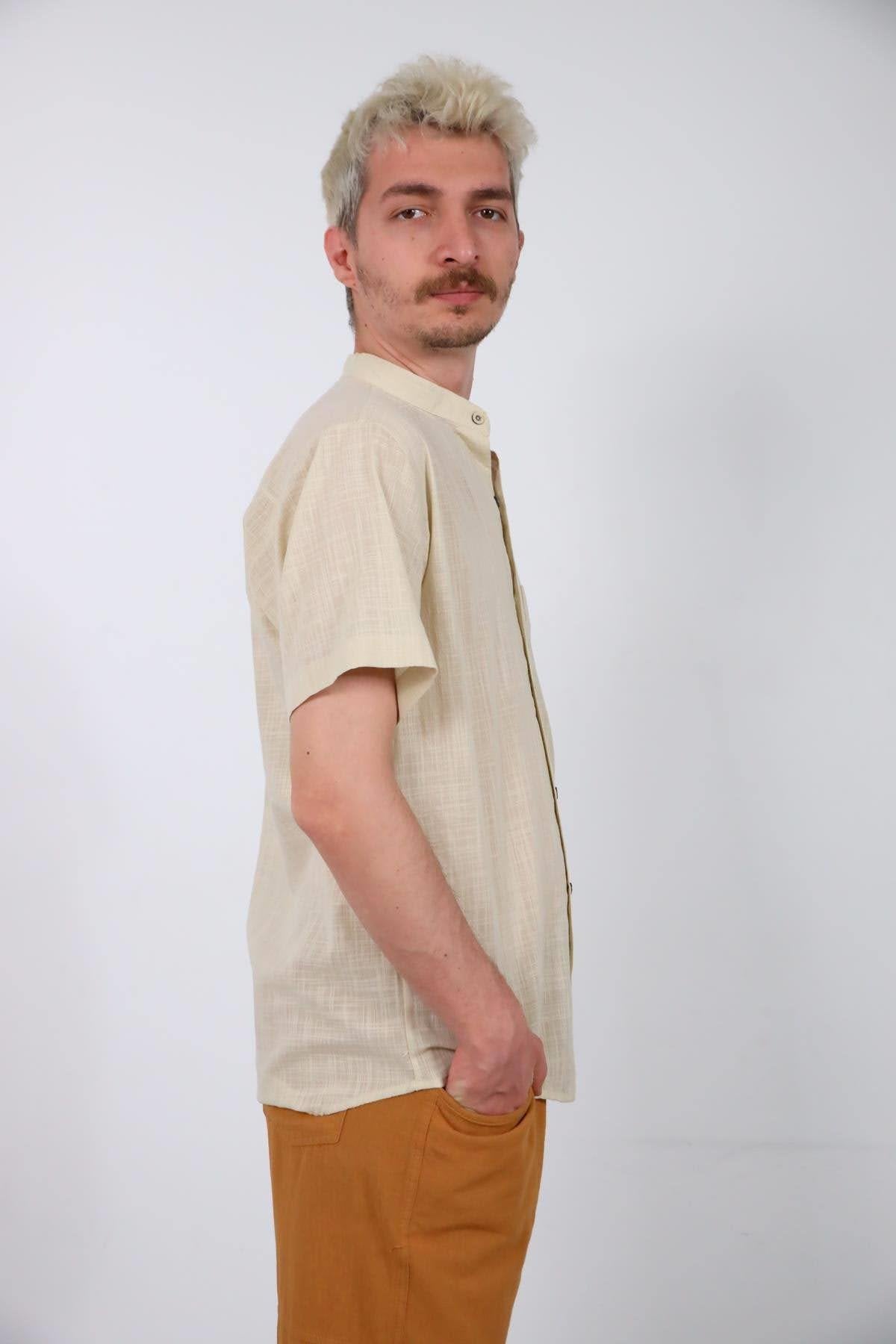 Cream Colored Stand Collar Short Sleeve Men's Shirt