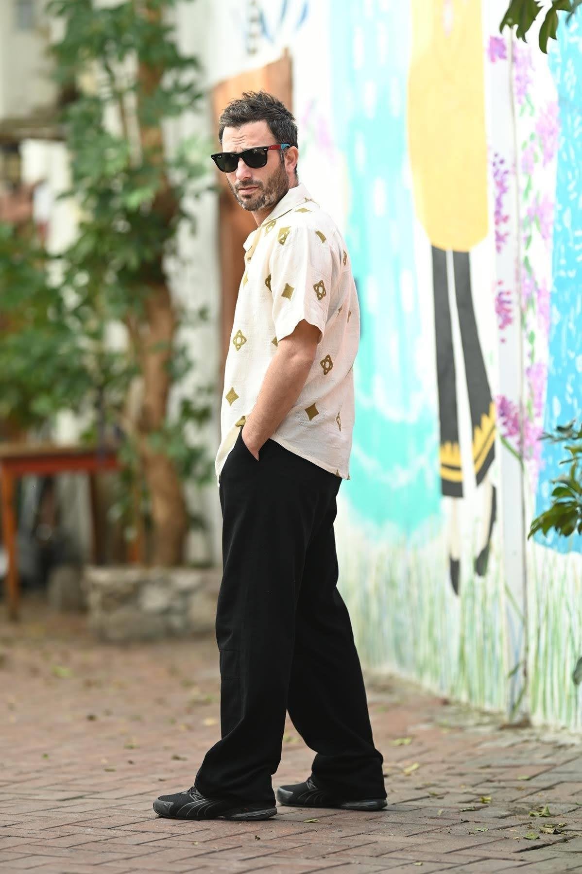 Cream Bordered Short Sleeve Men's Shirt