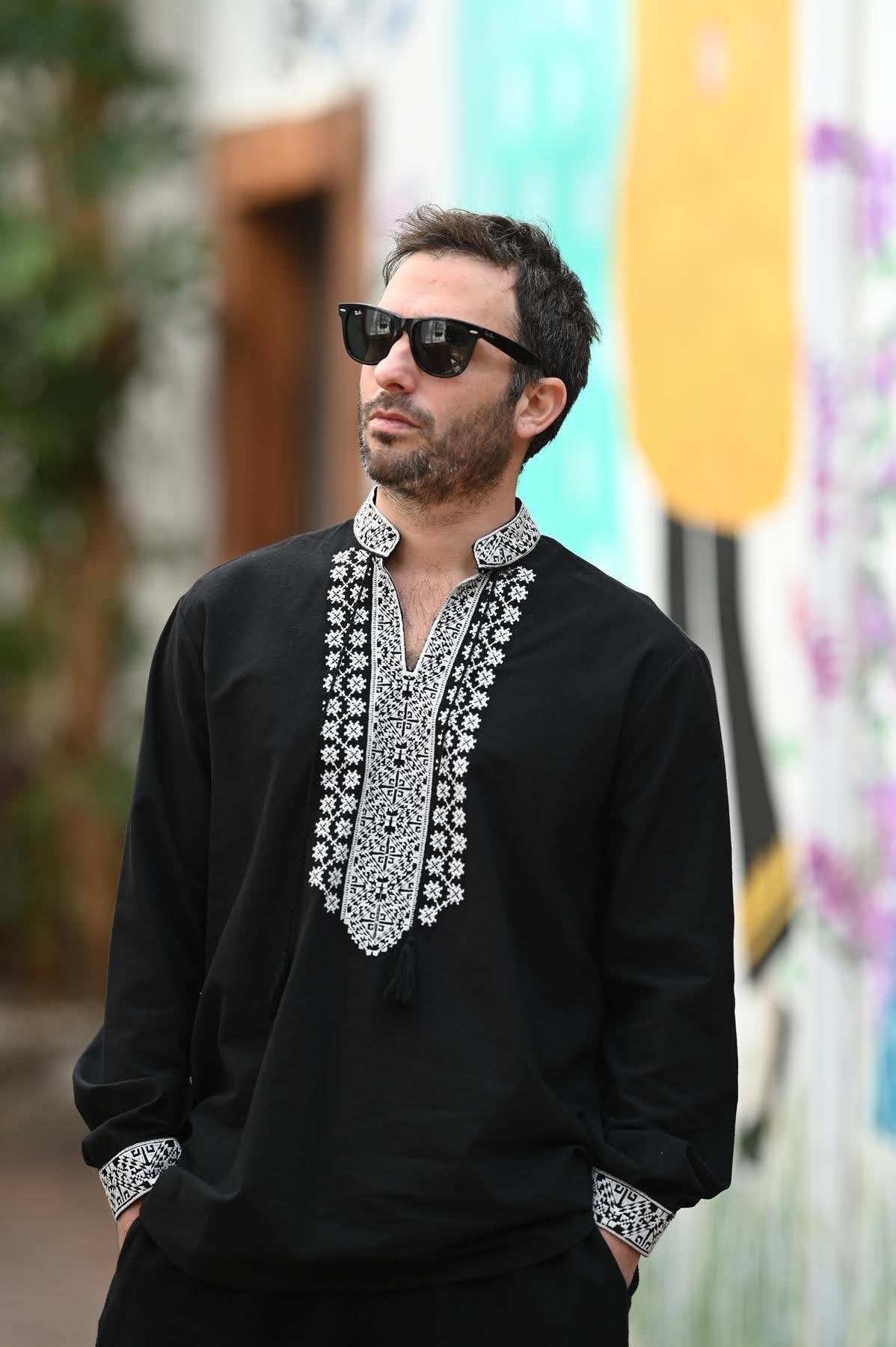 Black Authentic Men's Shirt with Embroidered Collar and Cuffs