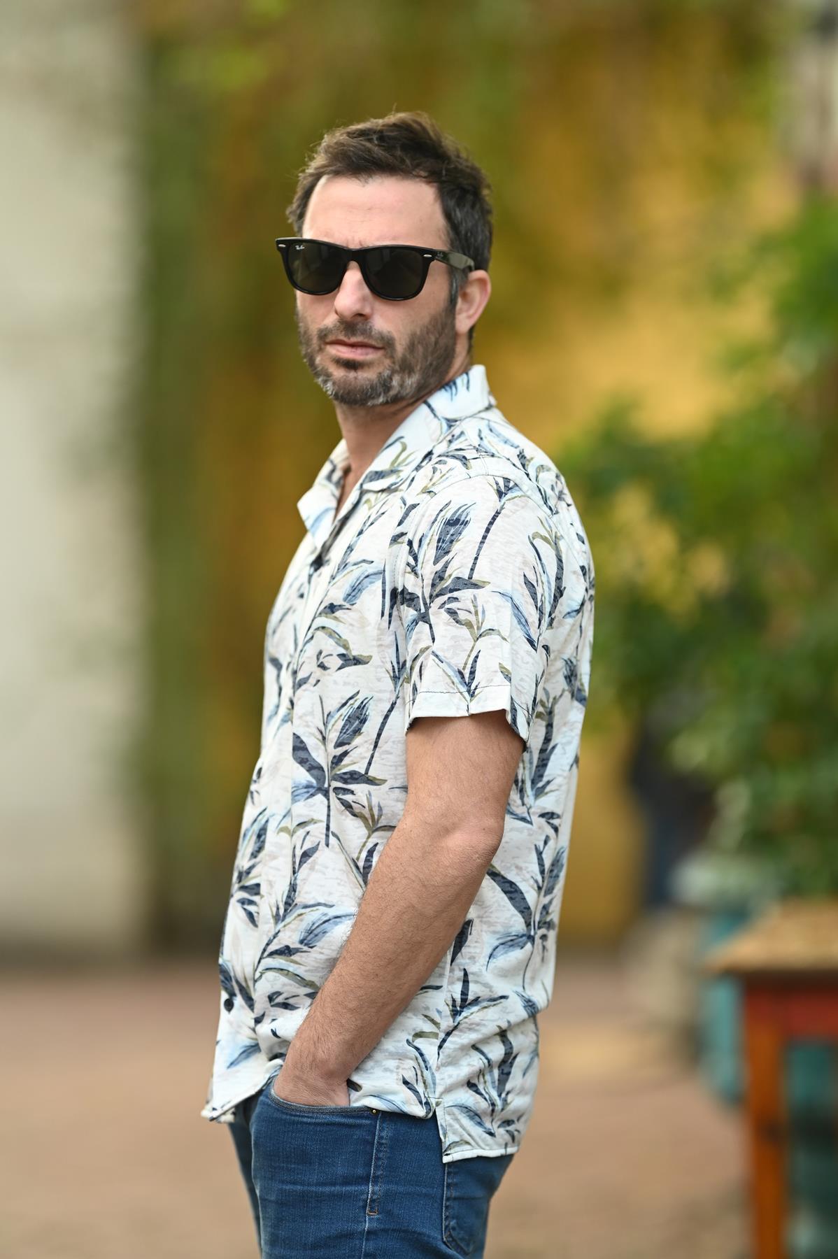 White Leaf Patterned Men's Shirt