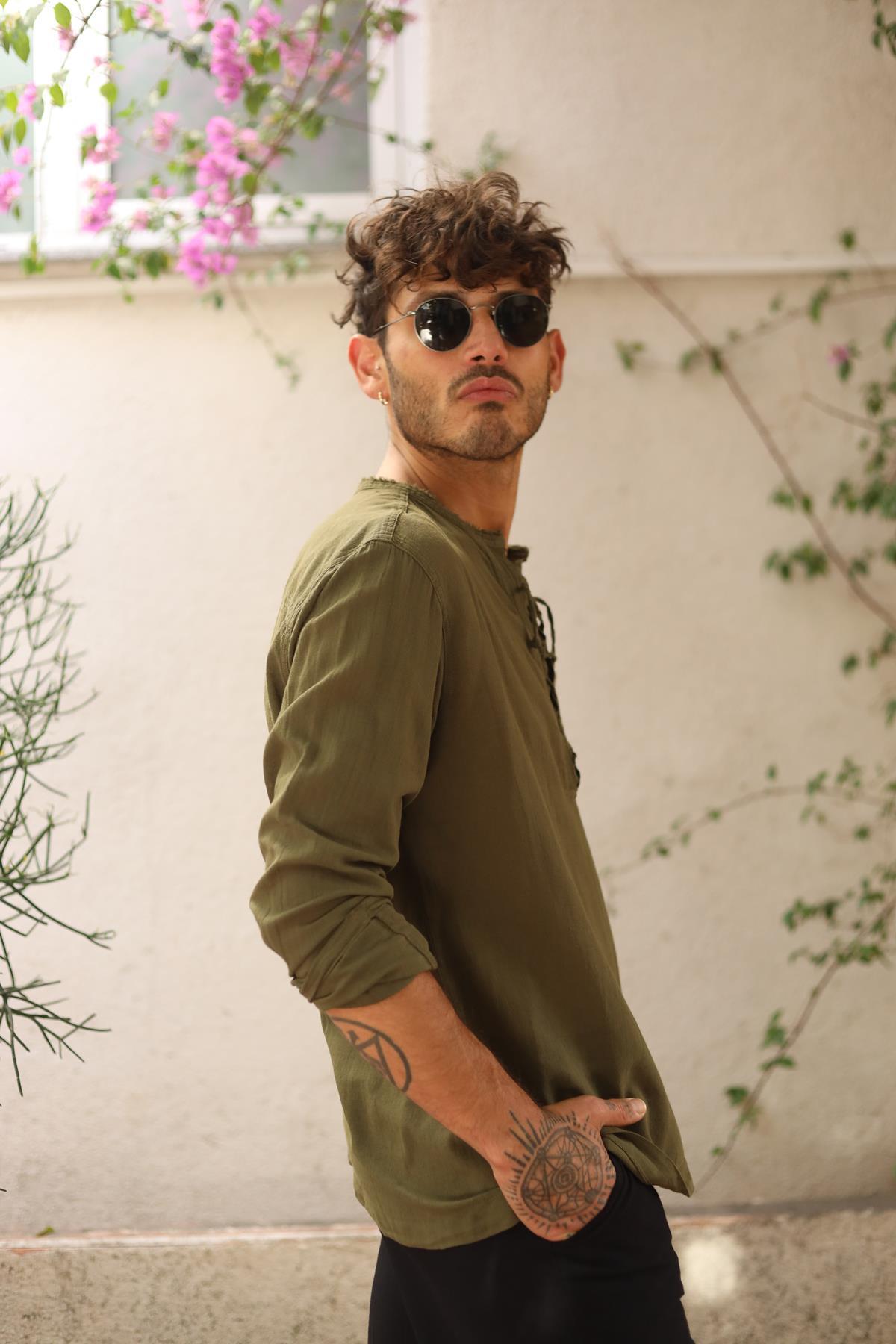 Khaki Lace-Up Bohemian Men's Shirt