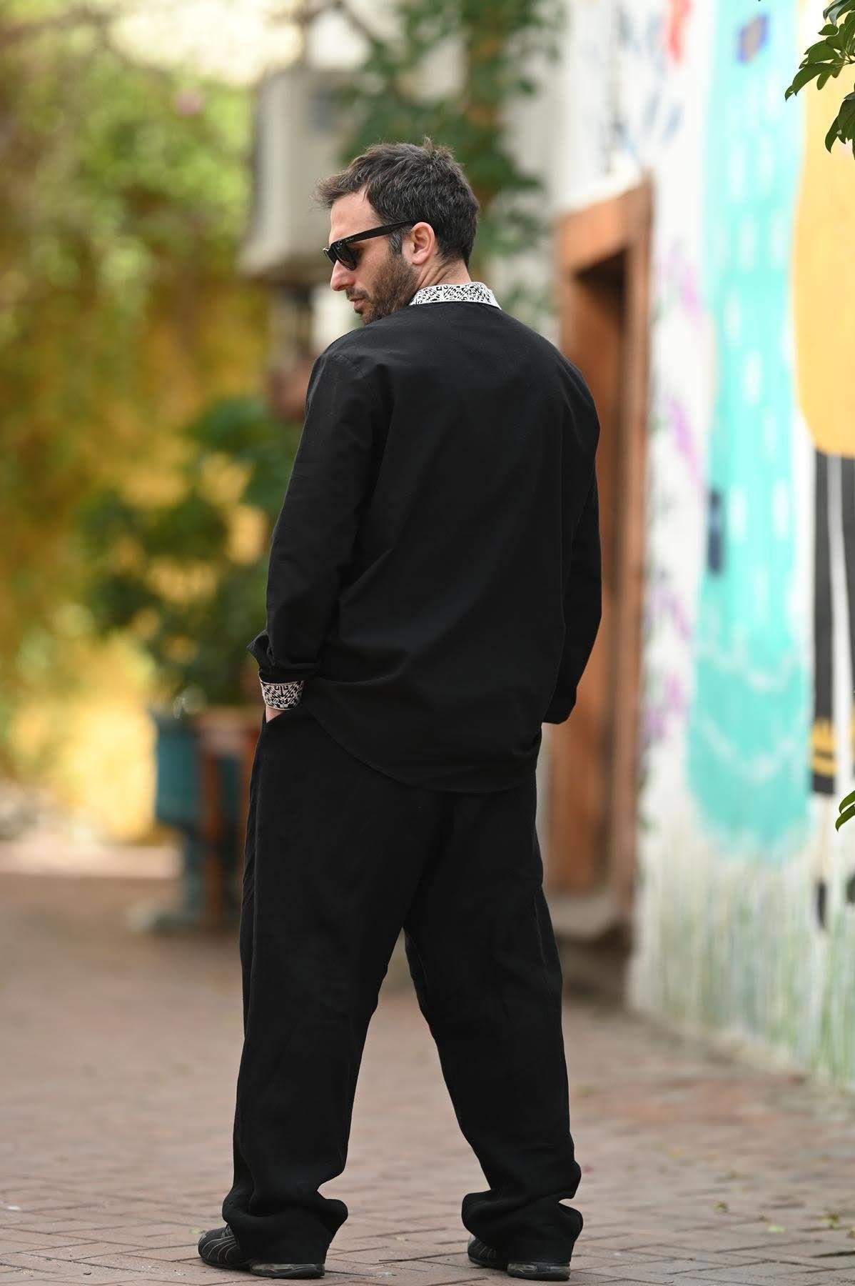 Black Authentic Men's Shirt with Embroidered Collar and Cuffs