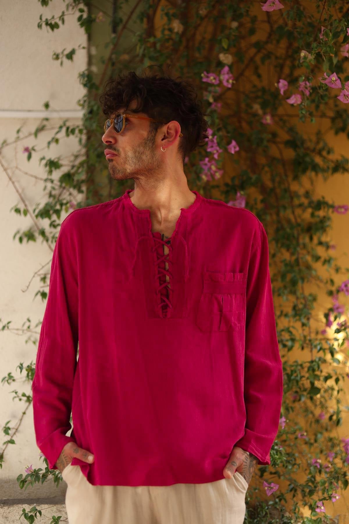 Men's Fuchsia Lace-Up Henley Shirt - Long Sleeve Casual