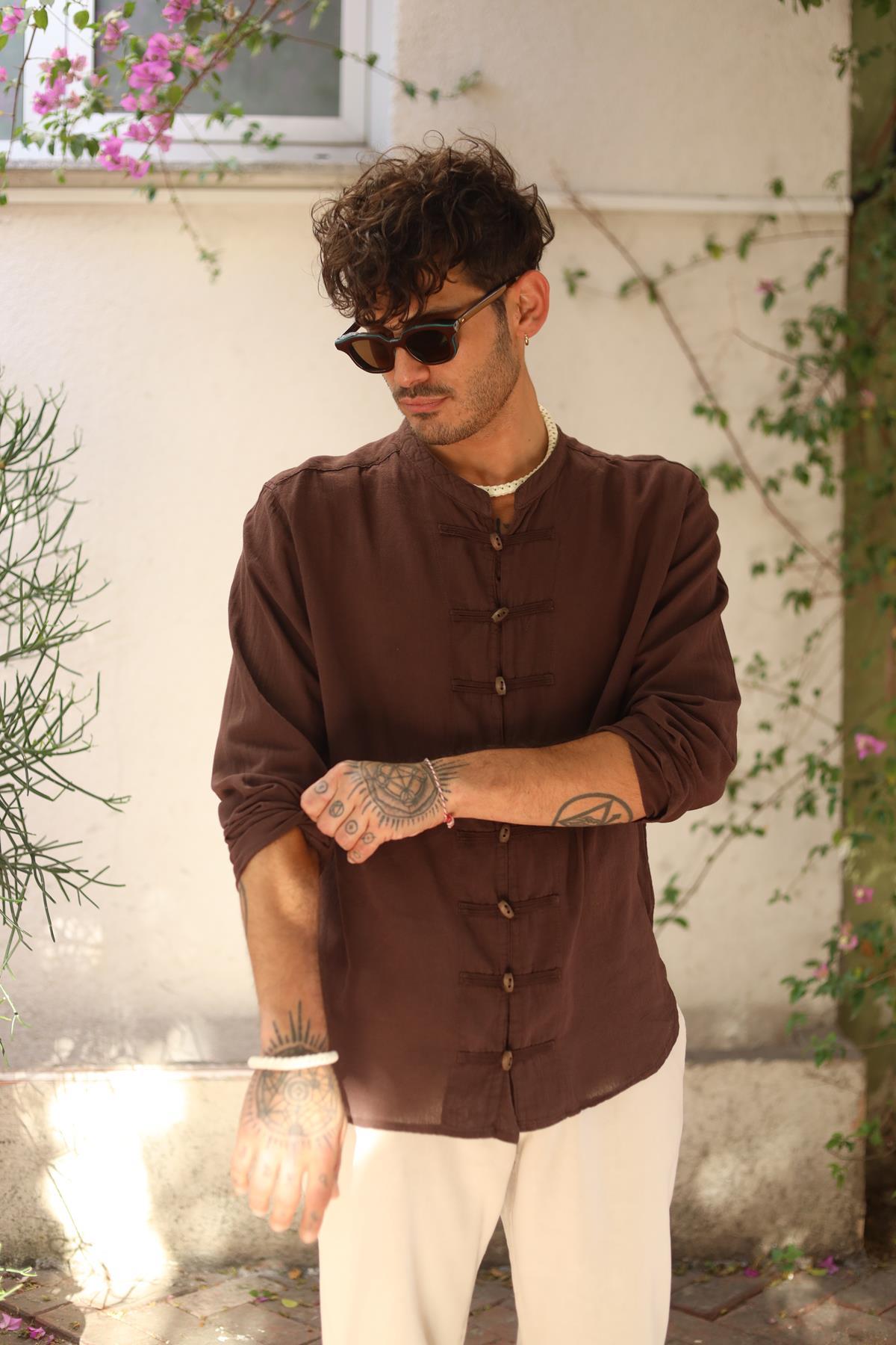 Brown Mandarin Collar Button Detailed Men's Shirt