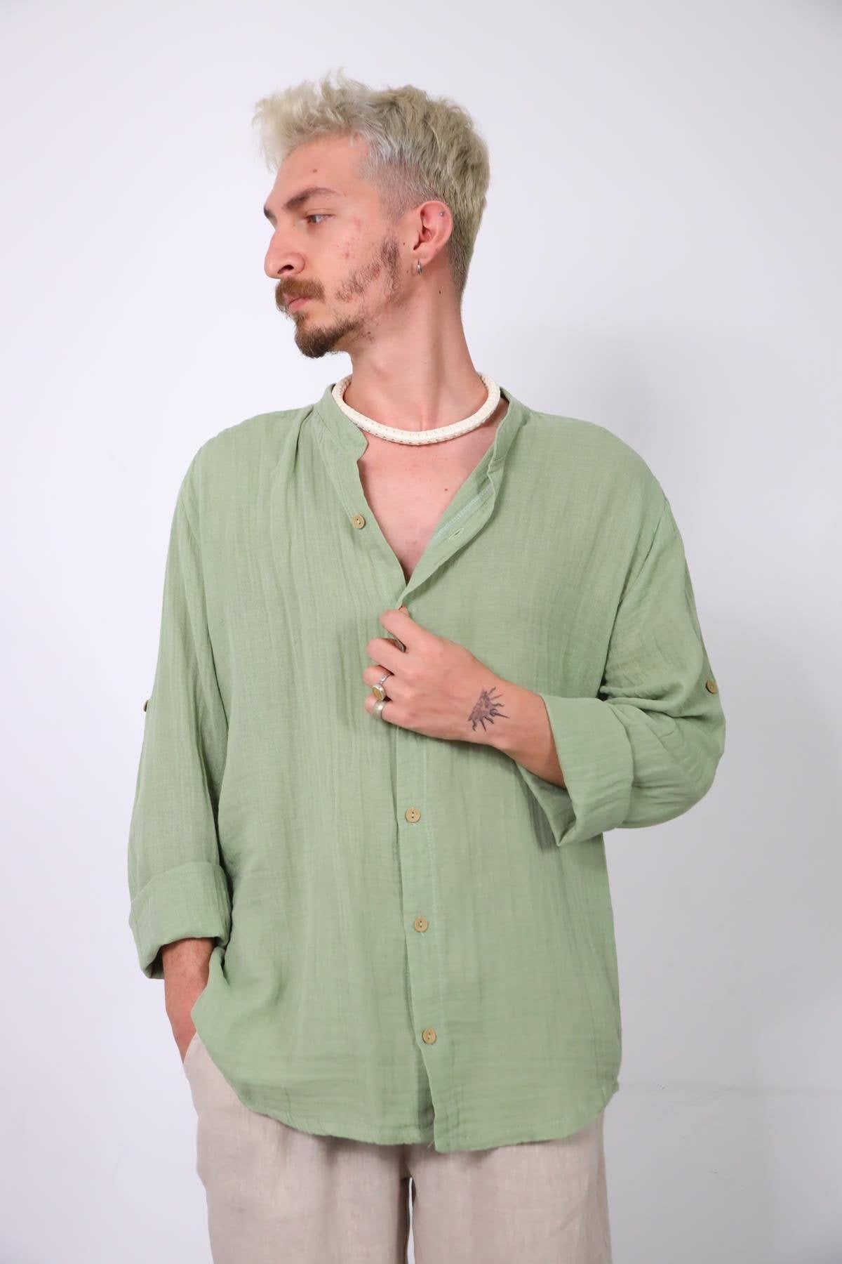 Mint Green Mandarin Collar Muslin Shirt
