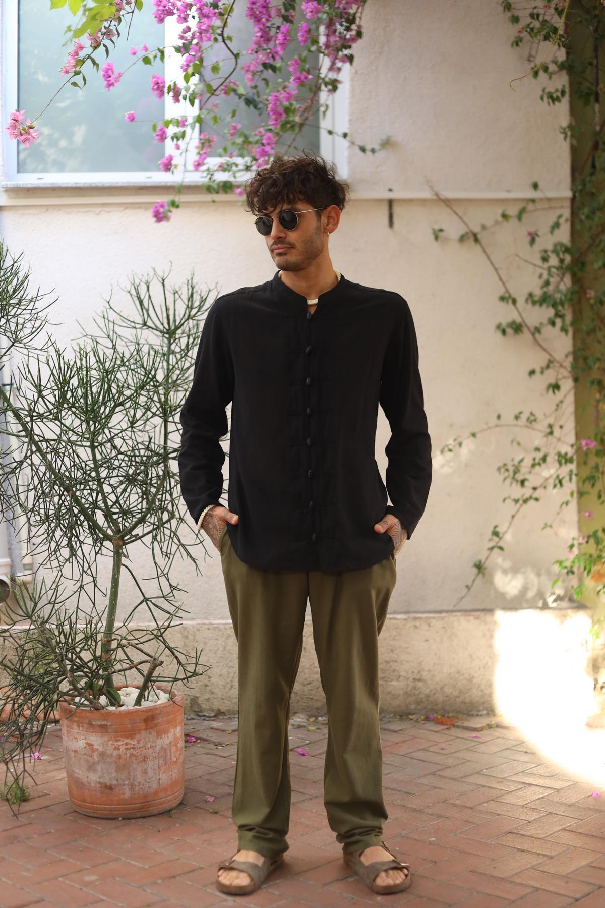 Men's Black Mandarin Collar Linen Blend Shirt - Long Sleeve