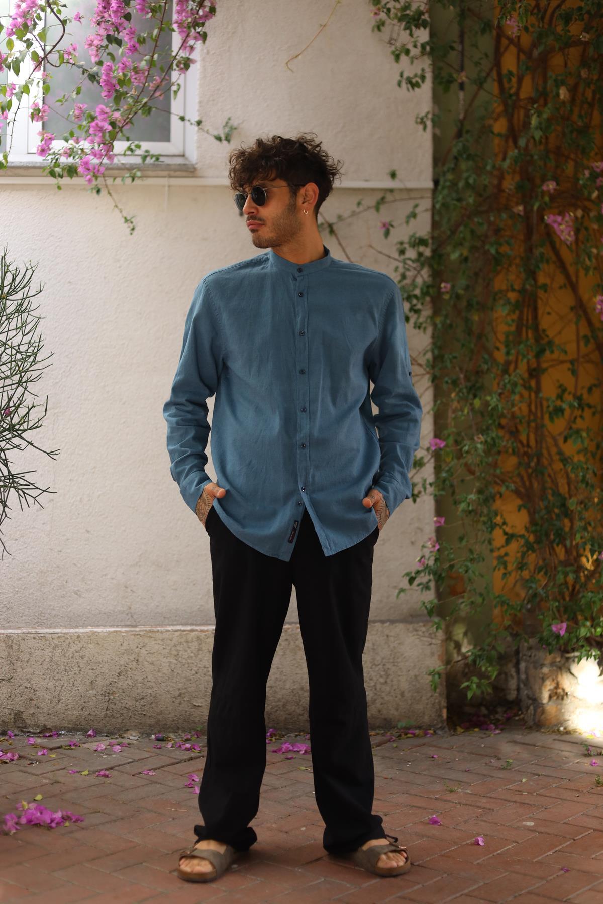 Petrol Blue Stand Collar Long Sleeve Men's Linen Shirt