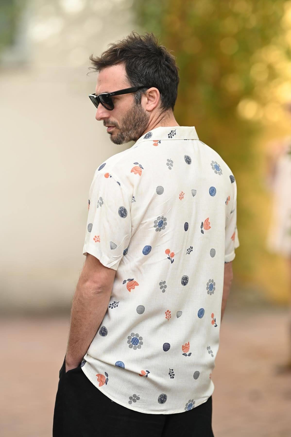 Ecru Patterned Short Sleeve Men's Shirt