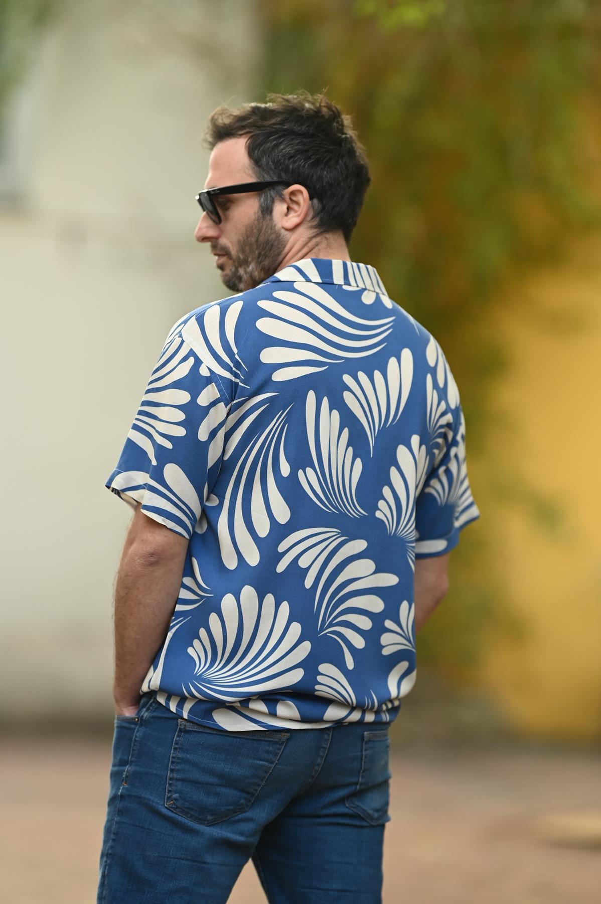 Indigo Blue Patterned Short Sleeve Men's Shirt