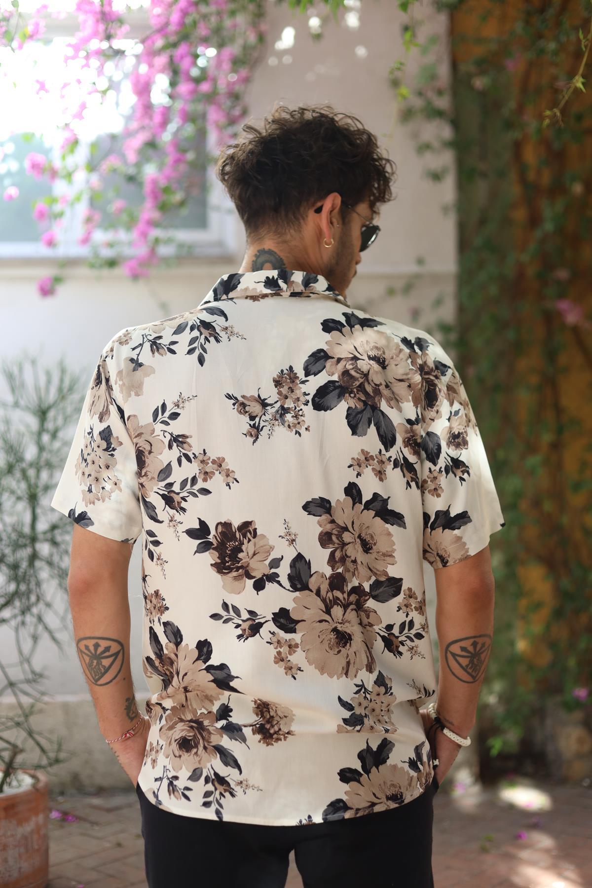 Cream Color Patterned Short Sleeve Men's Shirt