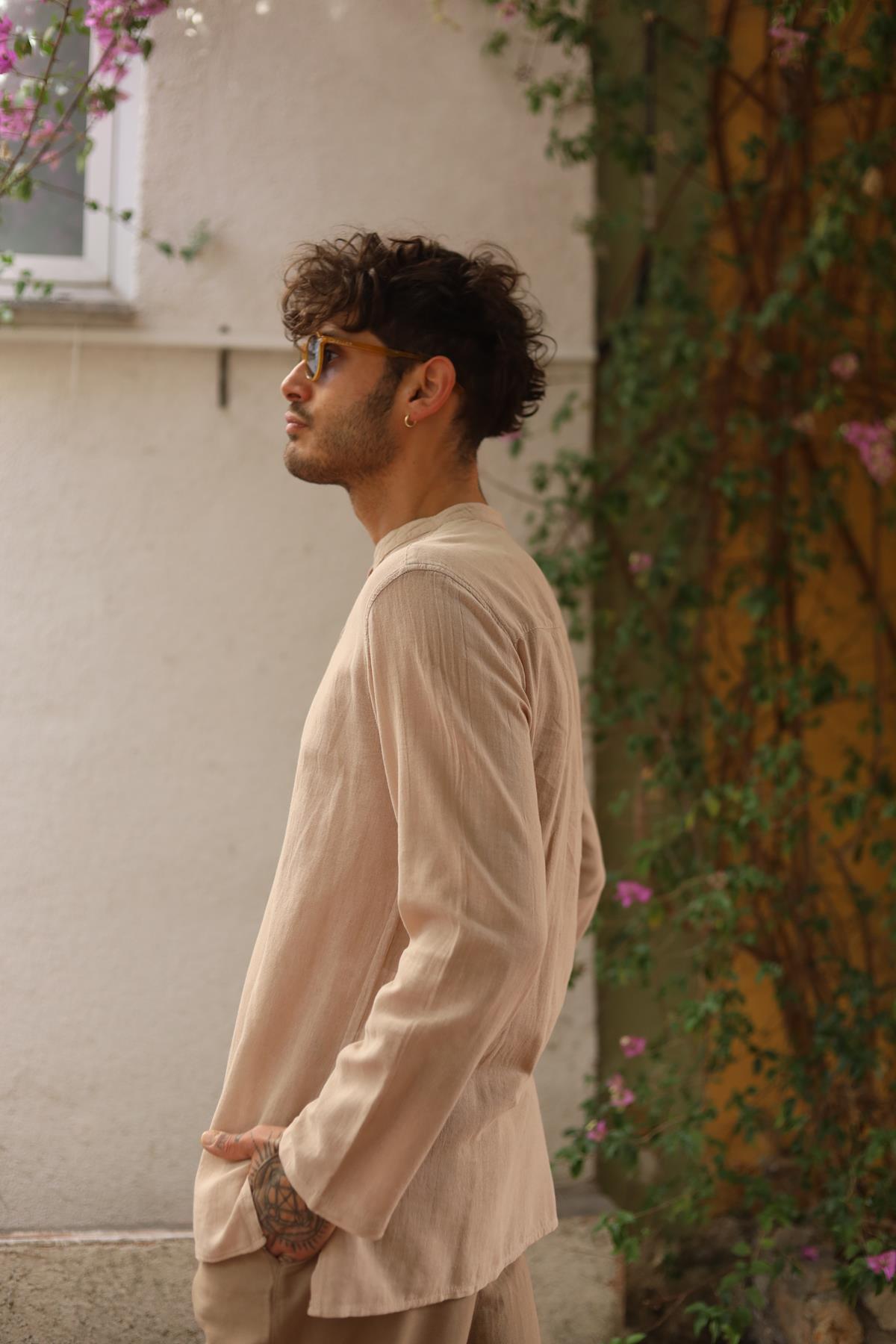 Beige Single Button Men's Shirt