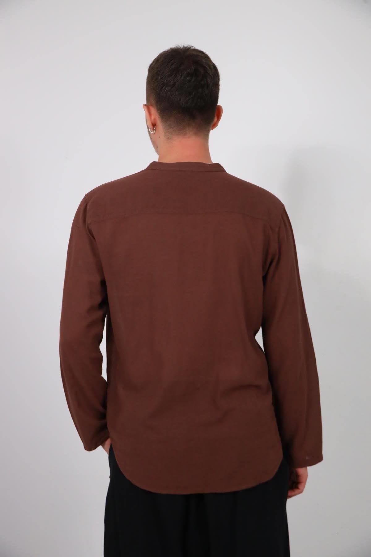 Brown Mandarin Collar Button-Down Shirt