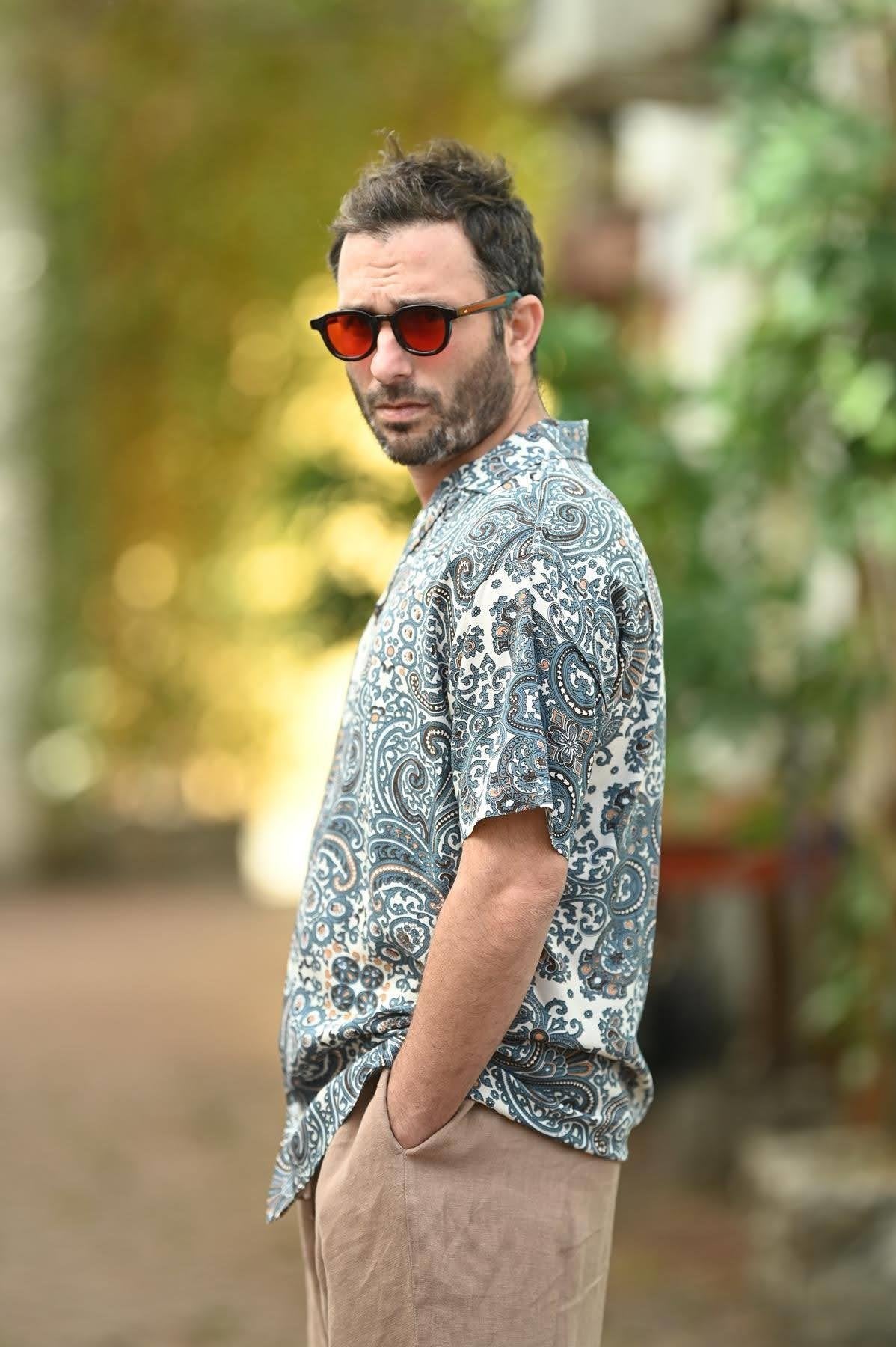 Petrol Blue Patterned Short Sleeve Men's Shirt