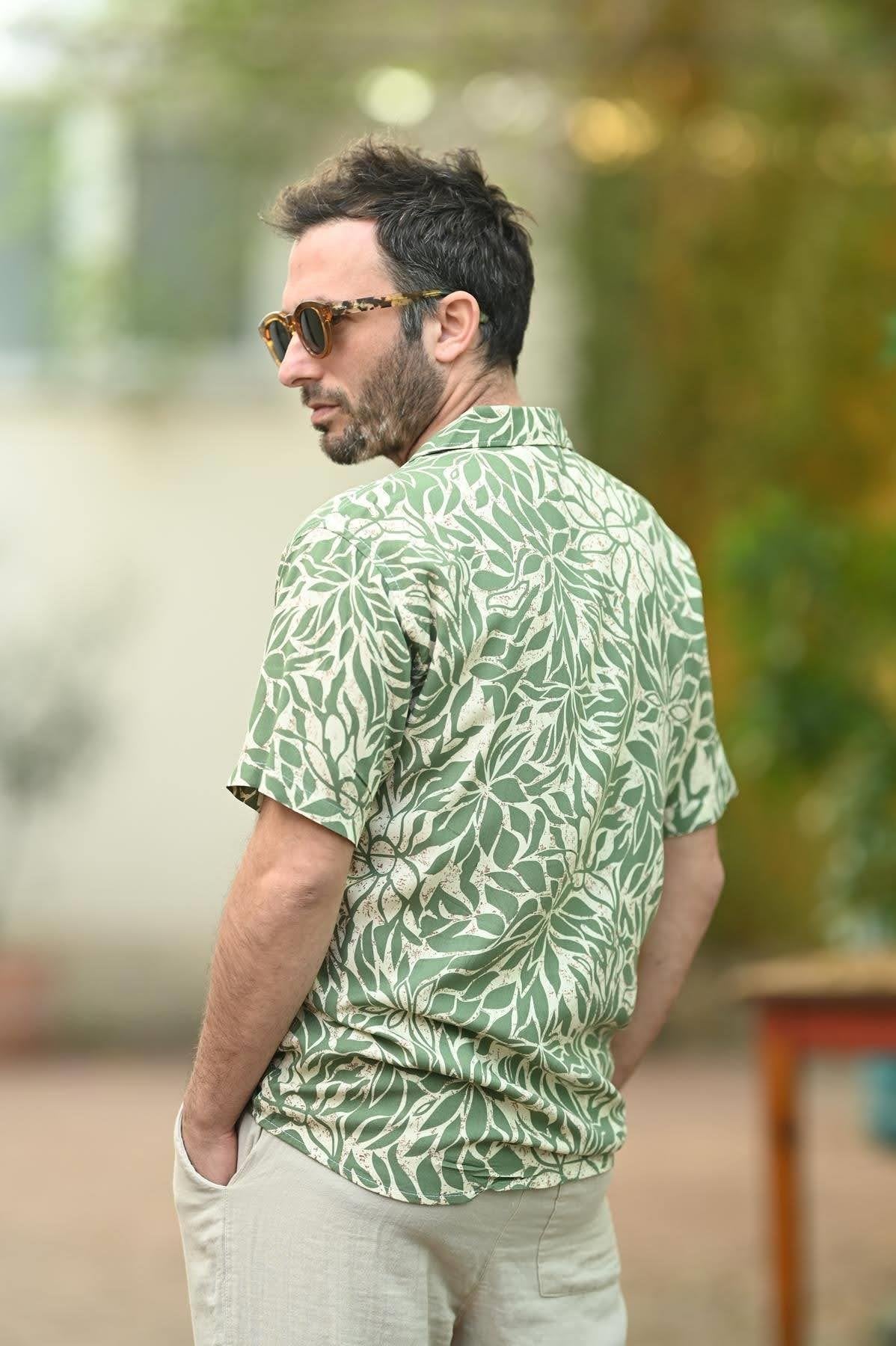 Green Patterned Short Sleeve Men's Shirt