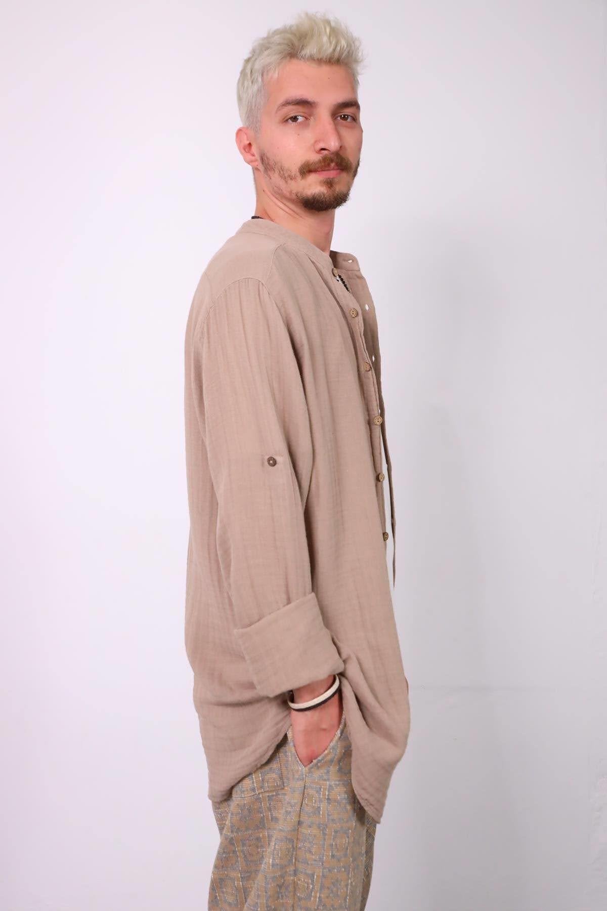 Mink Colored Mandarin Collar Muslin Men's Shirt