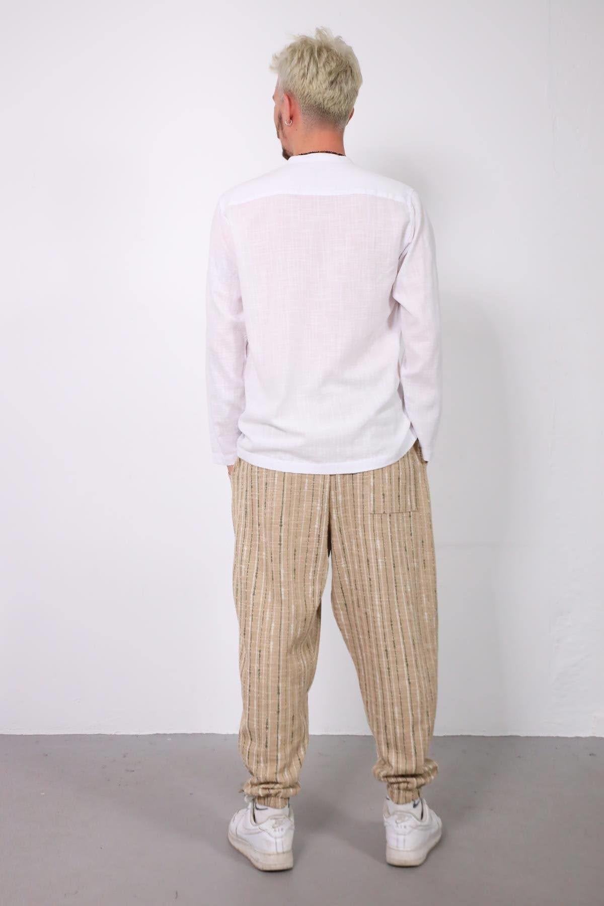 White Mandarin Collar Half-Button Men's Shirt