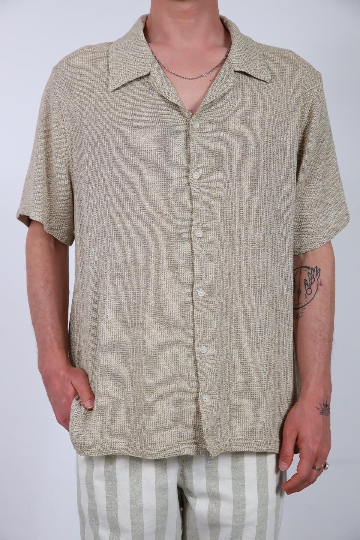 Light Khaki Knitted Cotton Fabric Short Sleeve Men's Shirt