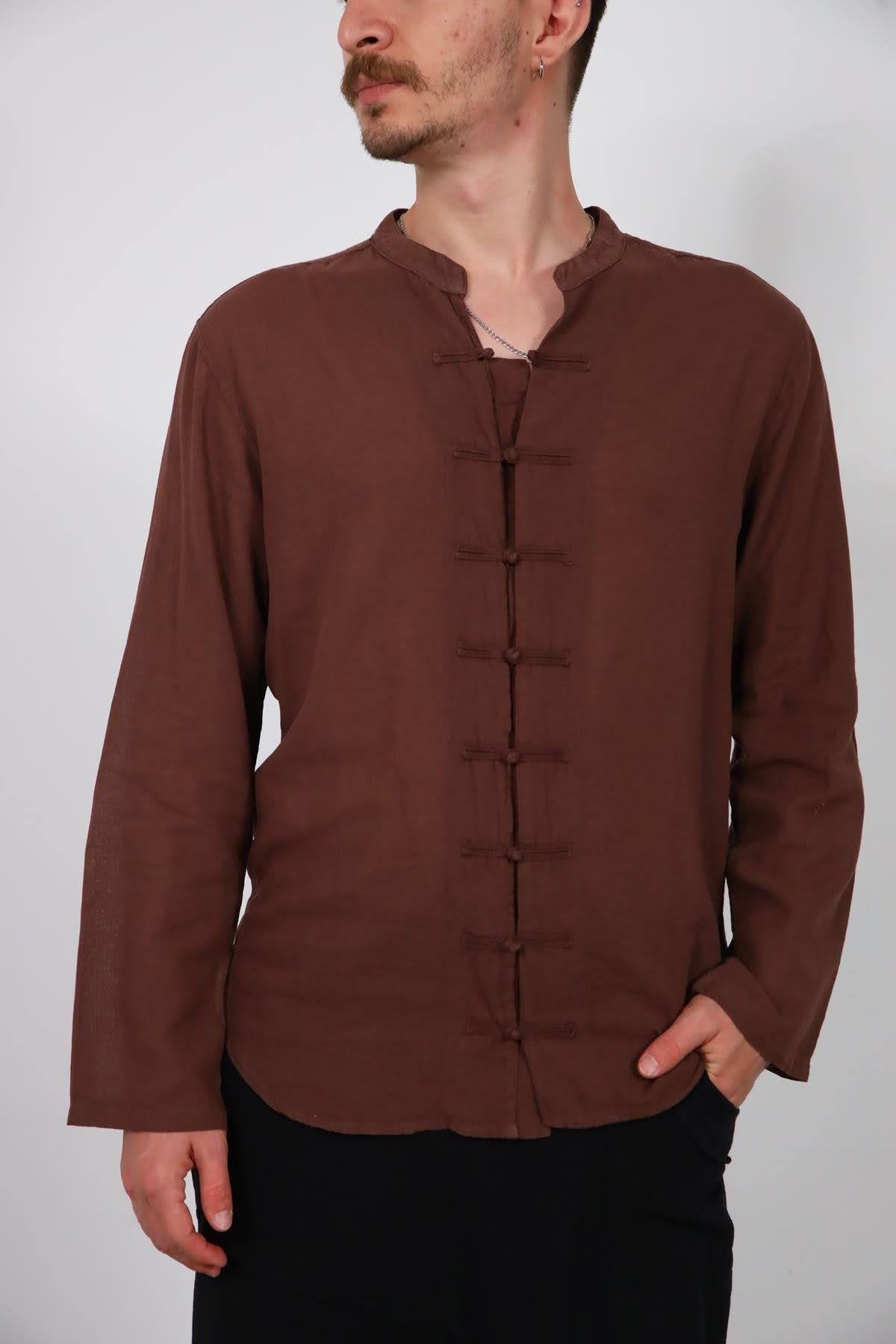Brown Mandarin Collar Button-Down Shirt