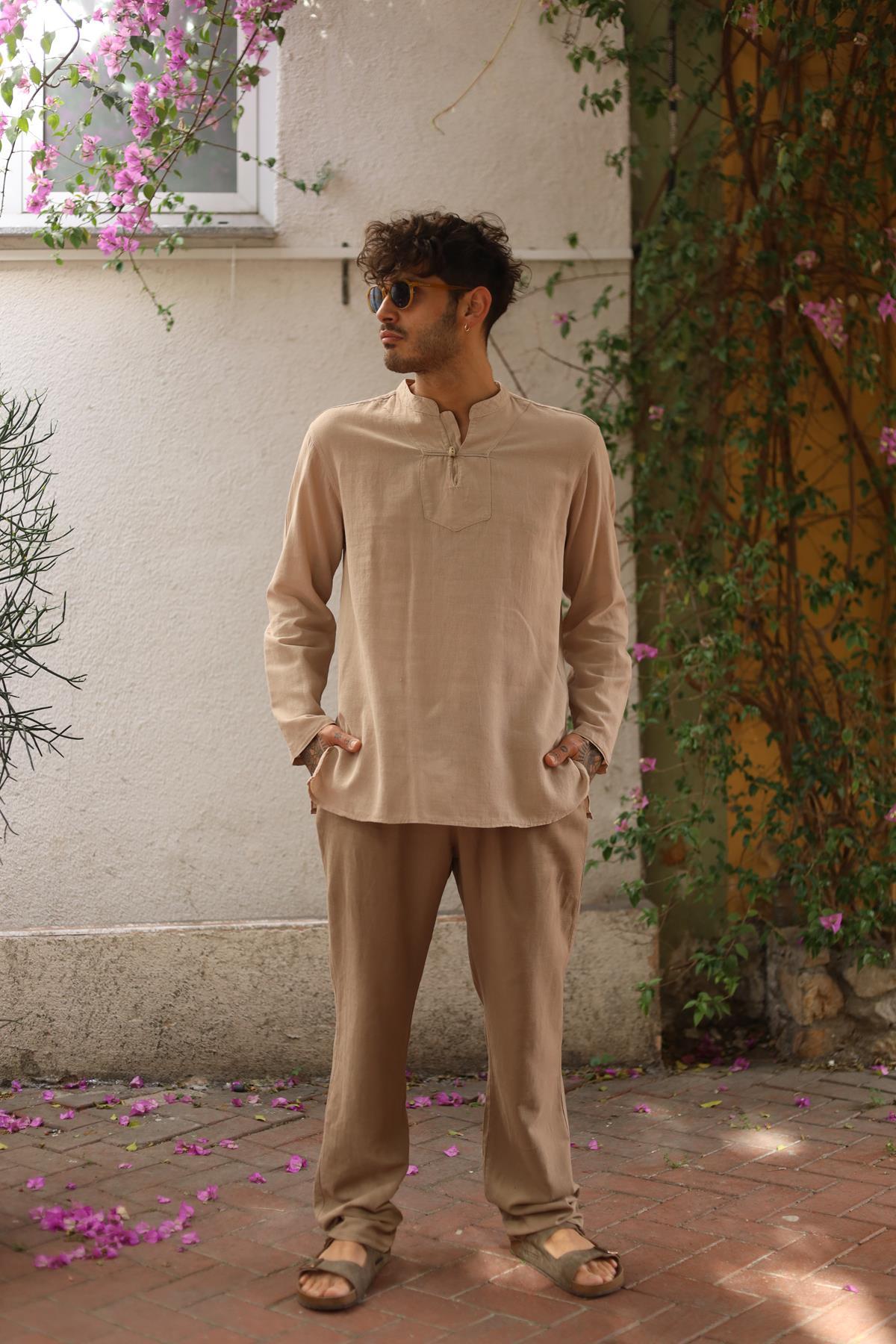 Beige Single Button Men's Shirt