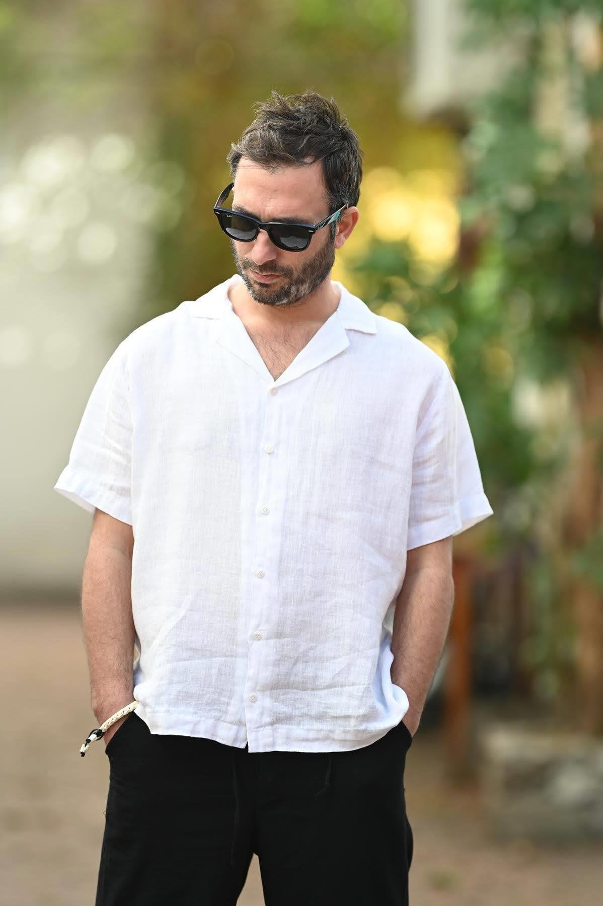 White Blazer Collar Short Sleeve Linen Men's Shirt