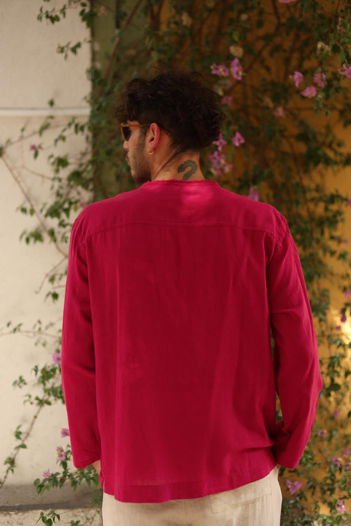 Men's Fuchsia Lace-Up Henley Shirt - Long Sleeve Casual