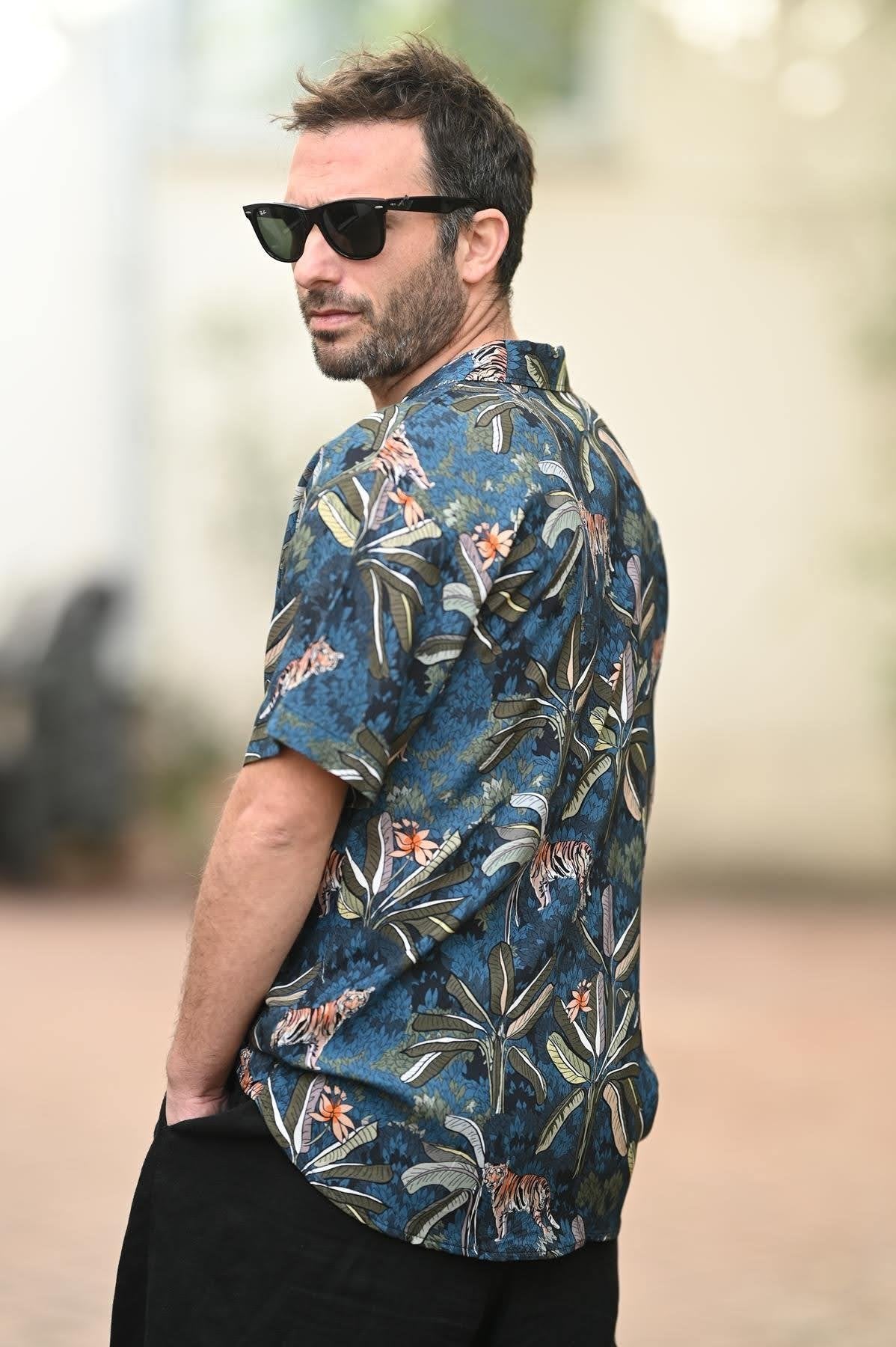 Indigo Blue Patterned Short Sleeve Men's Shirt