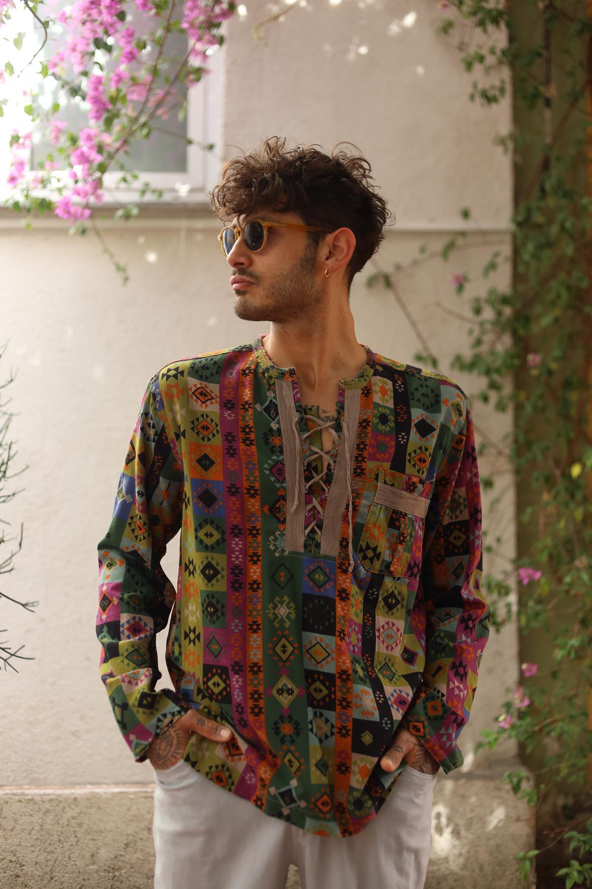 Mink Color Printed Lace-Up Collar Men's Shirt