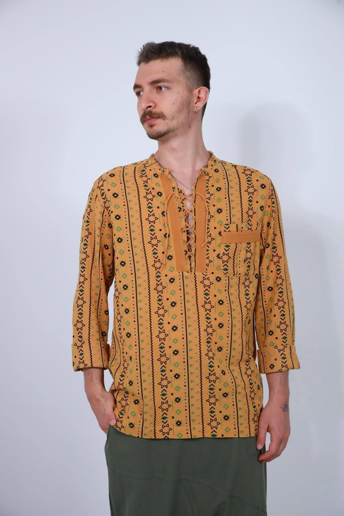 Mustard Color Lace-Up Printed Men's Shirt