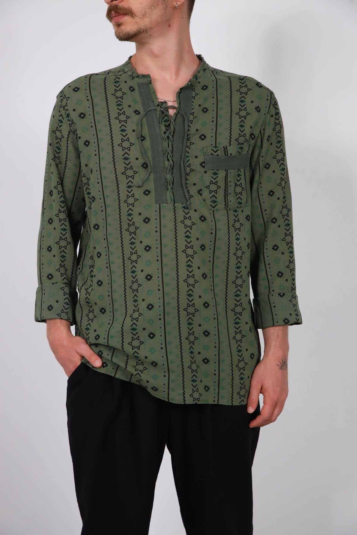 Khaki Lace-Up Collar Printed Men's Shirt