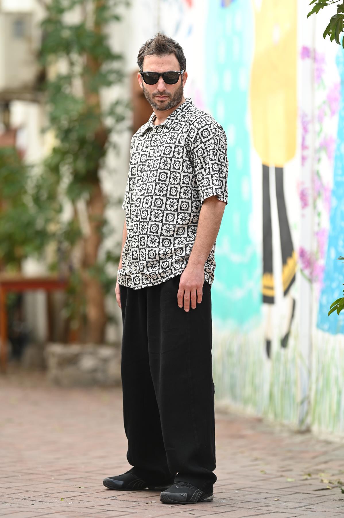 Black and White Patterned Short Sleeve Bohemian Shirt