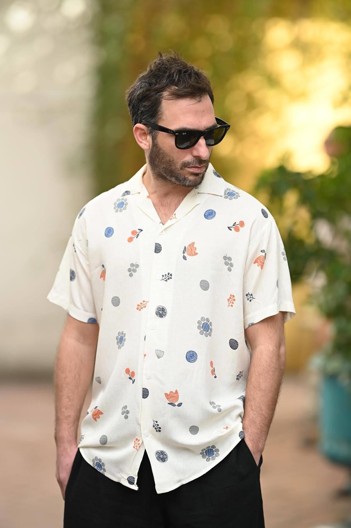 Ecru Patterned Short Sleeve Men's Shirt