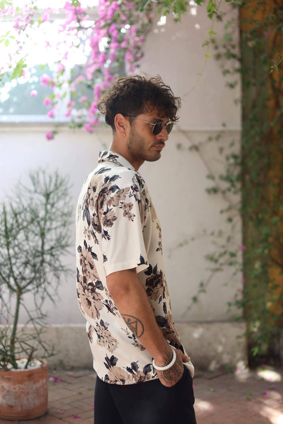 Cream Color Patterned Short Sleeve Men's Shirt