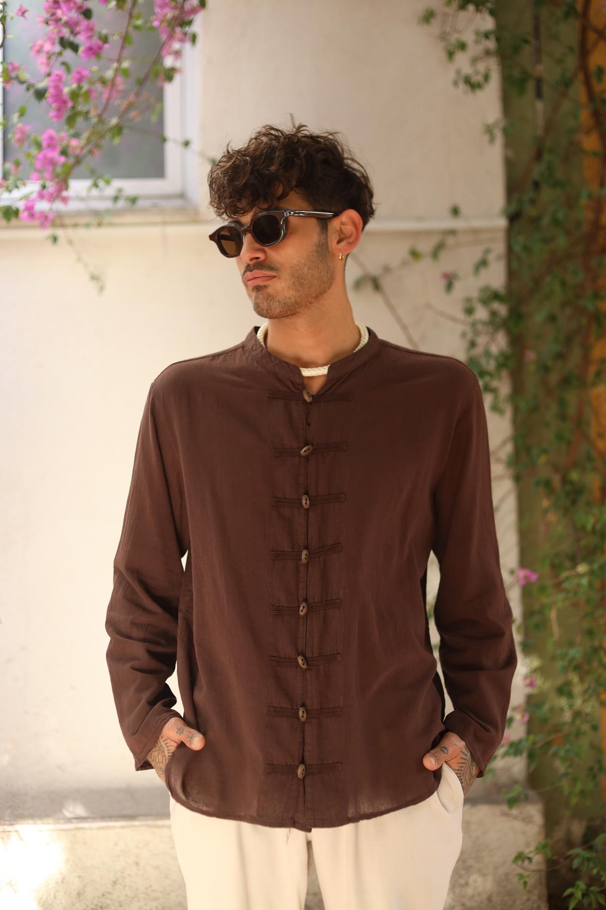 Brown Mandarin Collar Button Detailed Men's Shirt