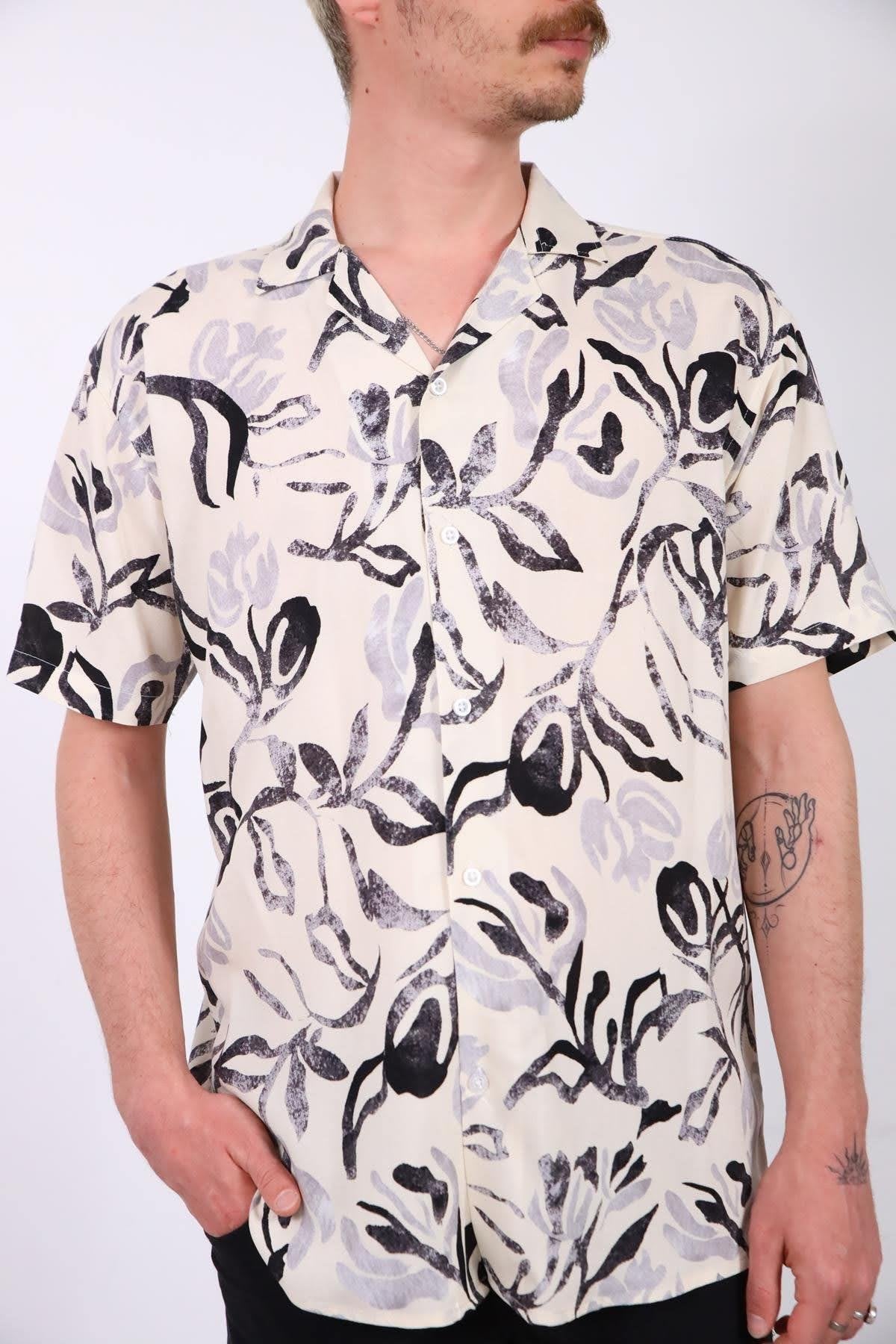 Ecru Patterned Short Sleeve Men's Shirt