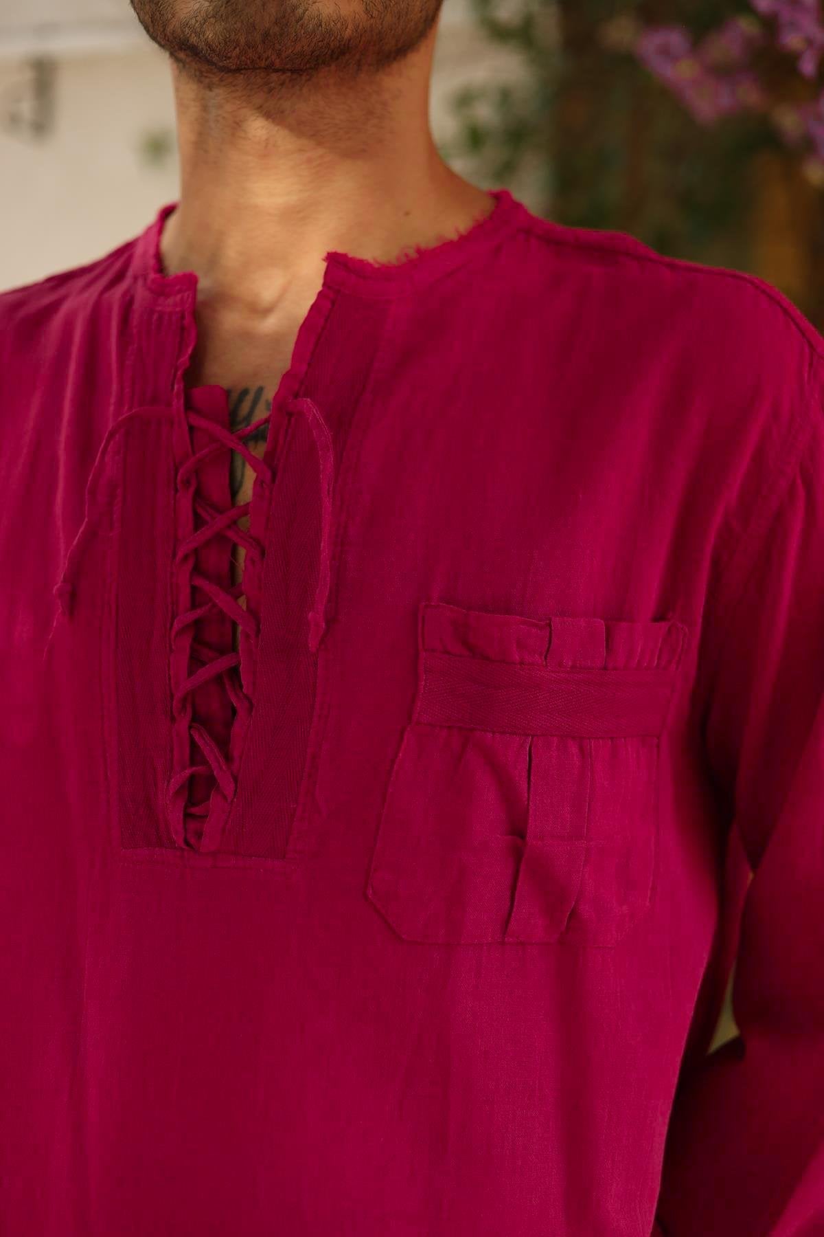 Men's Fuchsia Lace-Up Henley Shirt - Long Sleeve Casual