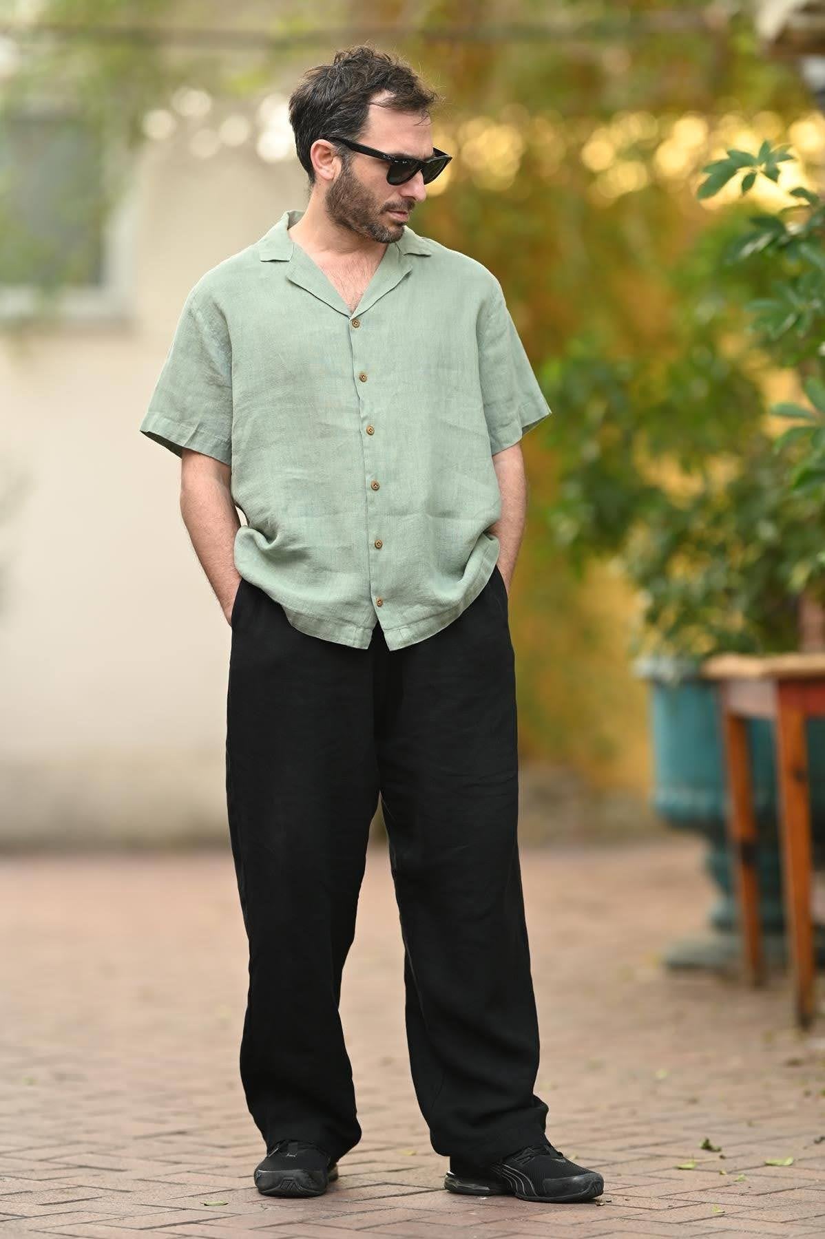 Mint Green Blazer Collar Short Sleeve Linen Men's Shirt