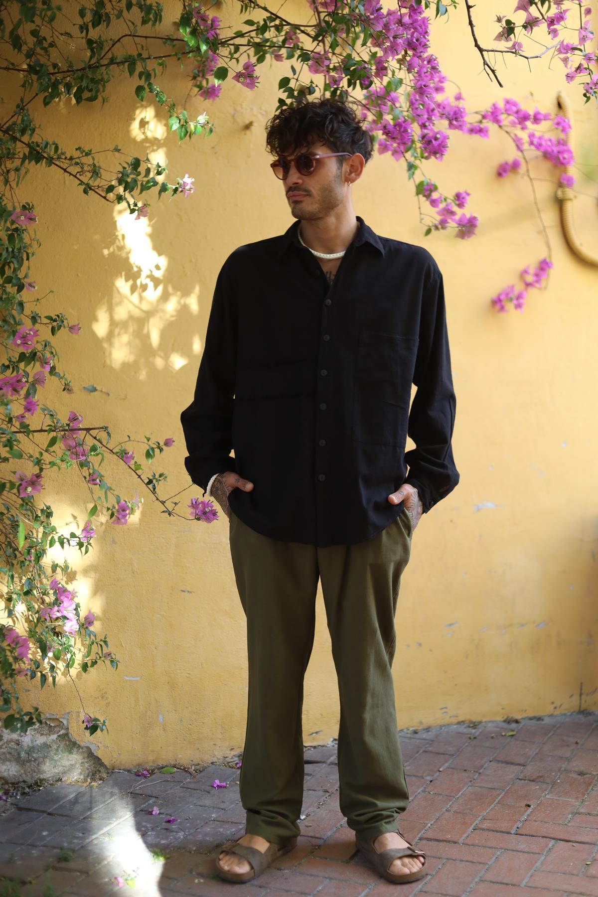 Black Men's Shirt with Large Pockets and Tassels