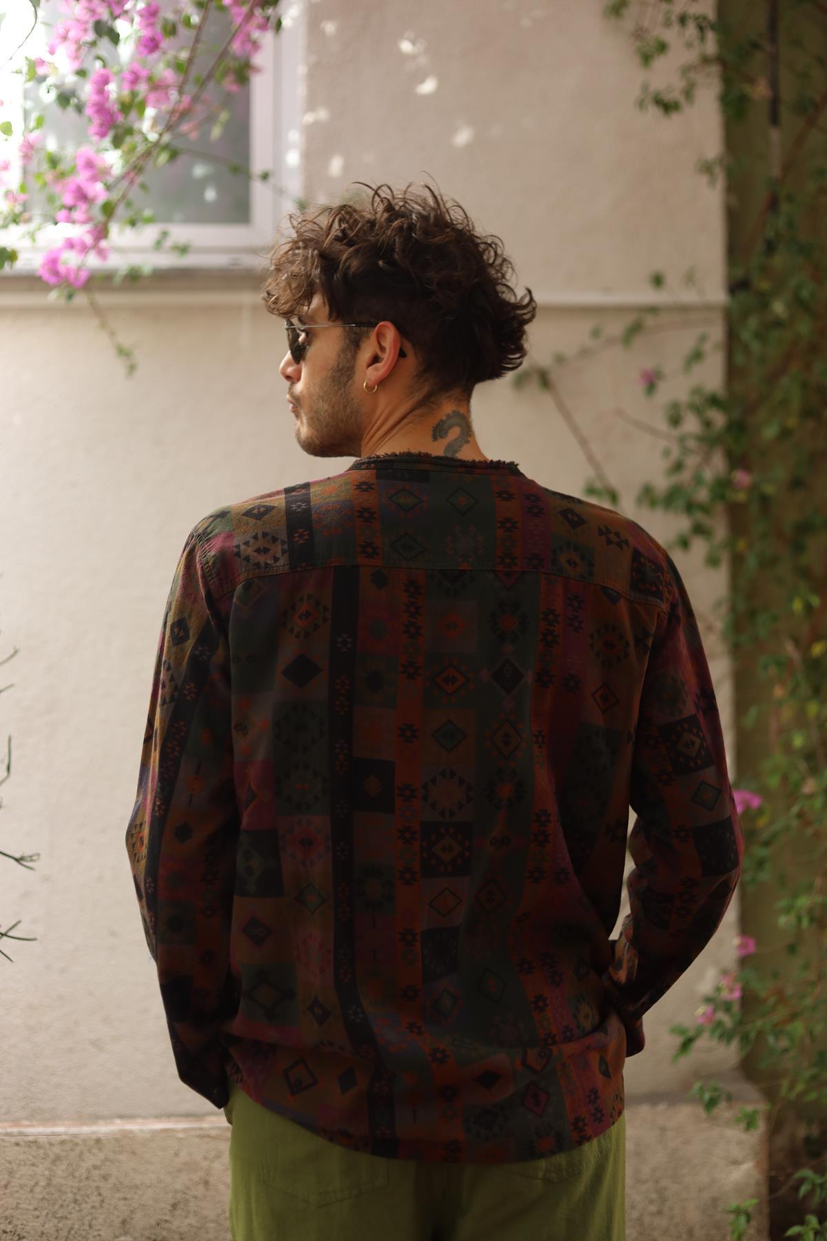 Brown Printed Lace-Up Collar Men's Shirt