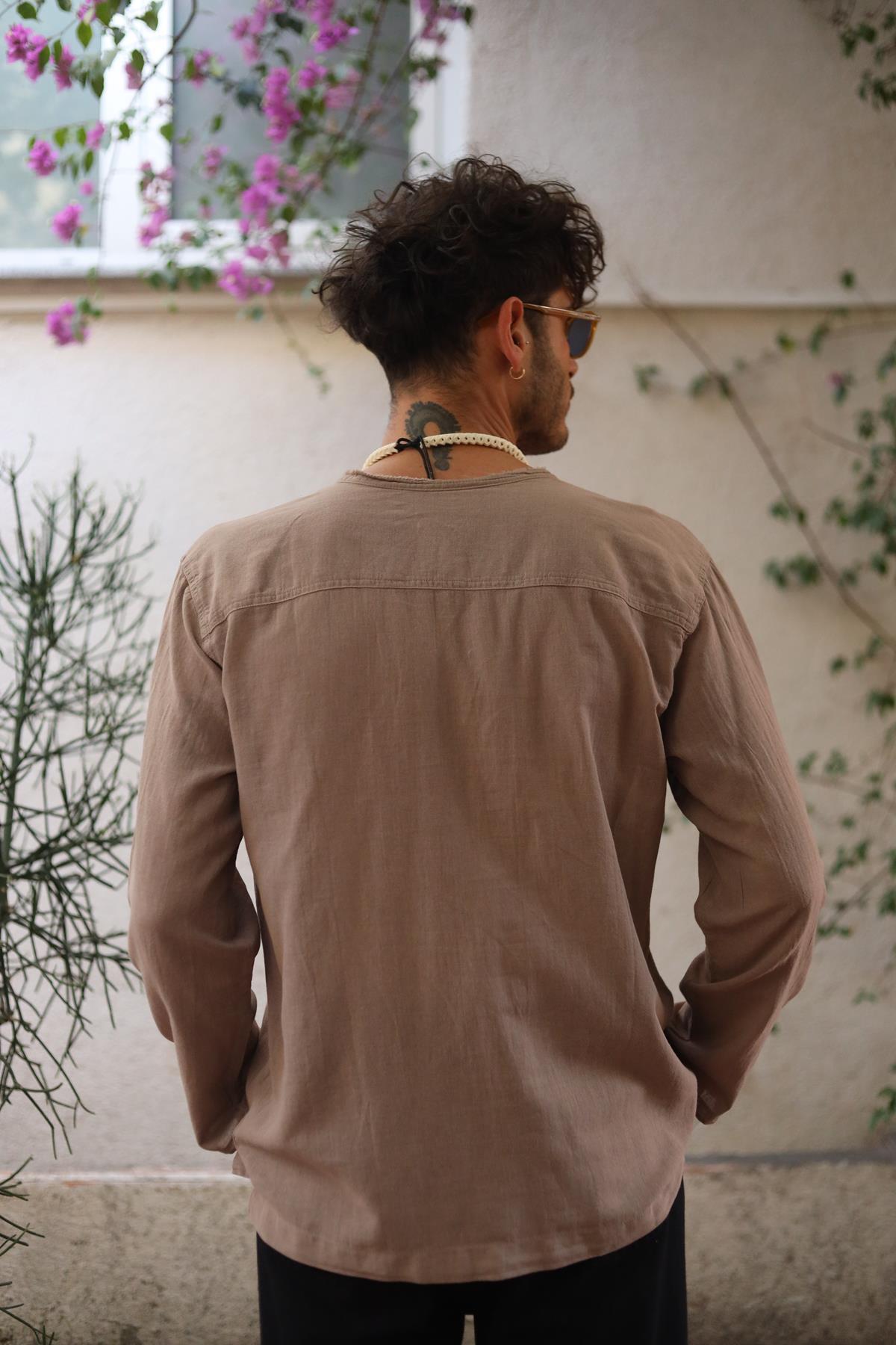 Mink Color Lace-Up Bohemian Men's Shirt