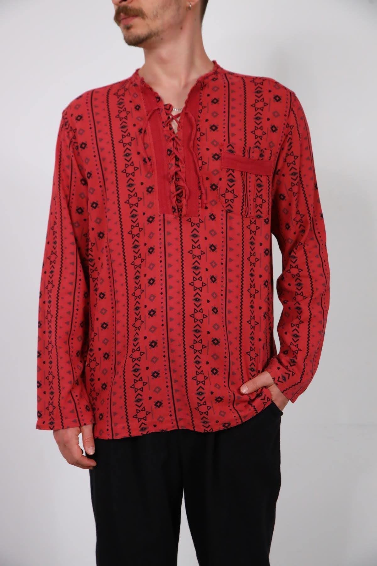 Burgundy Lace-Up Collar Printed Men's Shirt