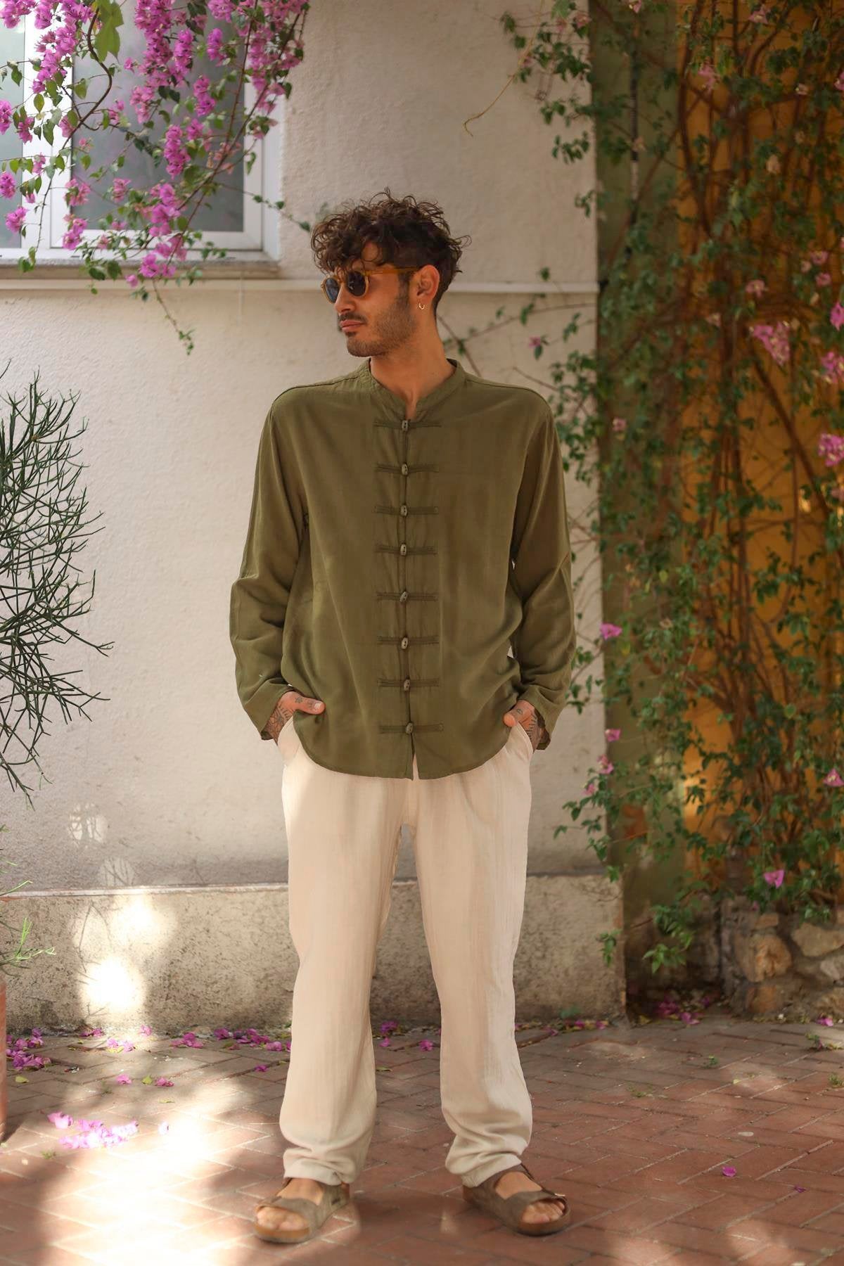 Khaki Judge Collar Button Detailed Men's Shirt