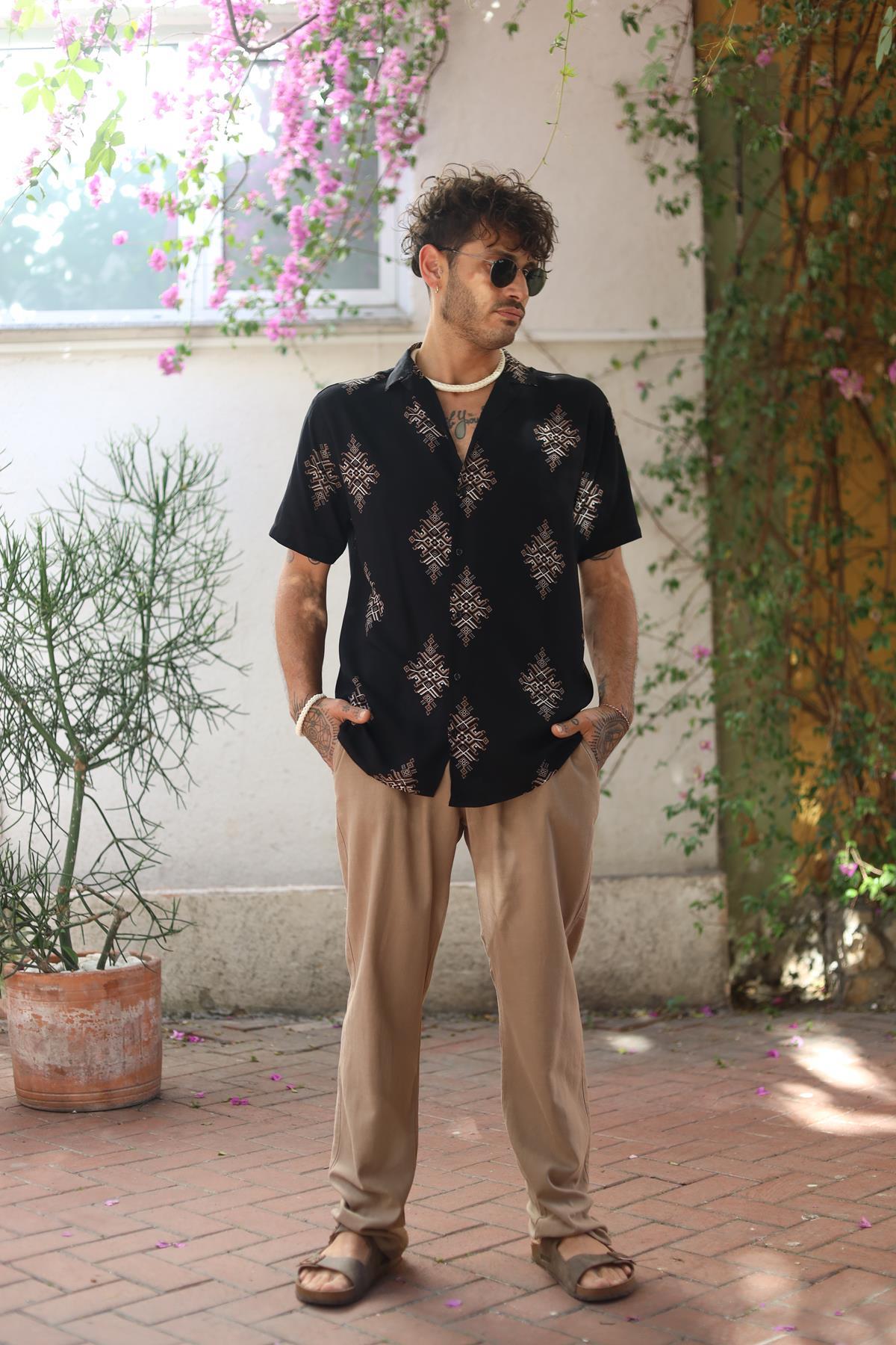 Black Patterned Short Sleeve Men's Shirt