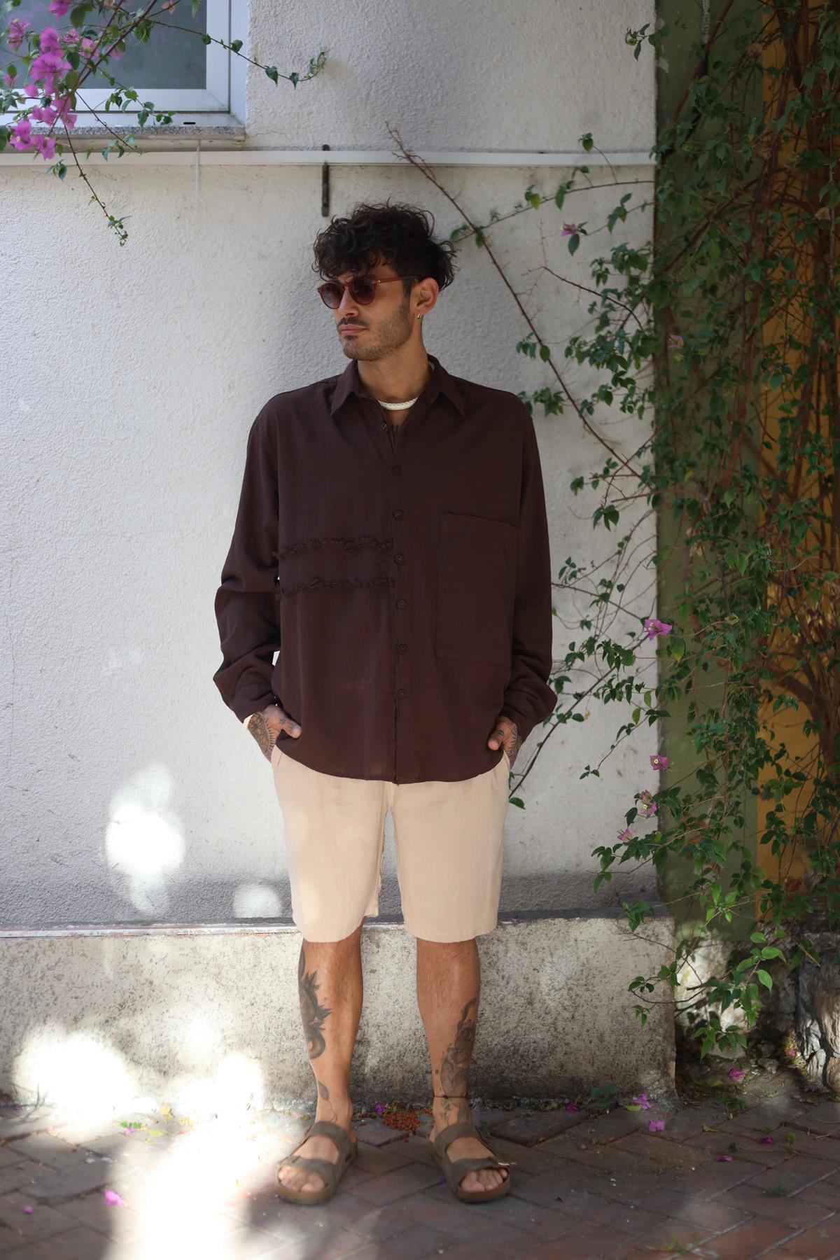 Brown Large Pocket Tasseled Patched Men's Shirt
